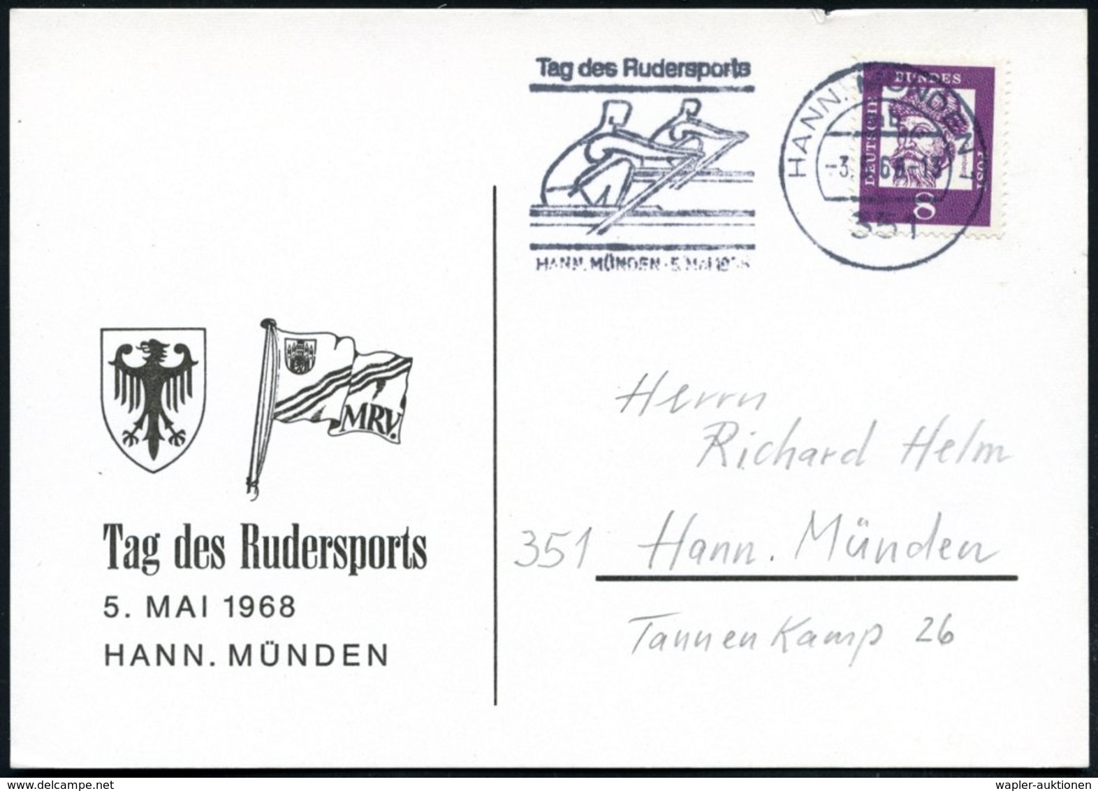 1968 (3.5.) 351 HANN. MÜNDEN 1, Maschinen-Werbestempel: Tag Des Rudersports.. (2 Einer) Auf Passender Sonderkarte (Bo.13 - Other & Unclassified