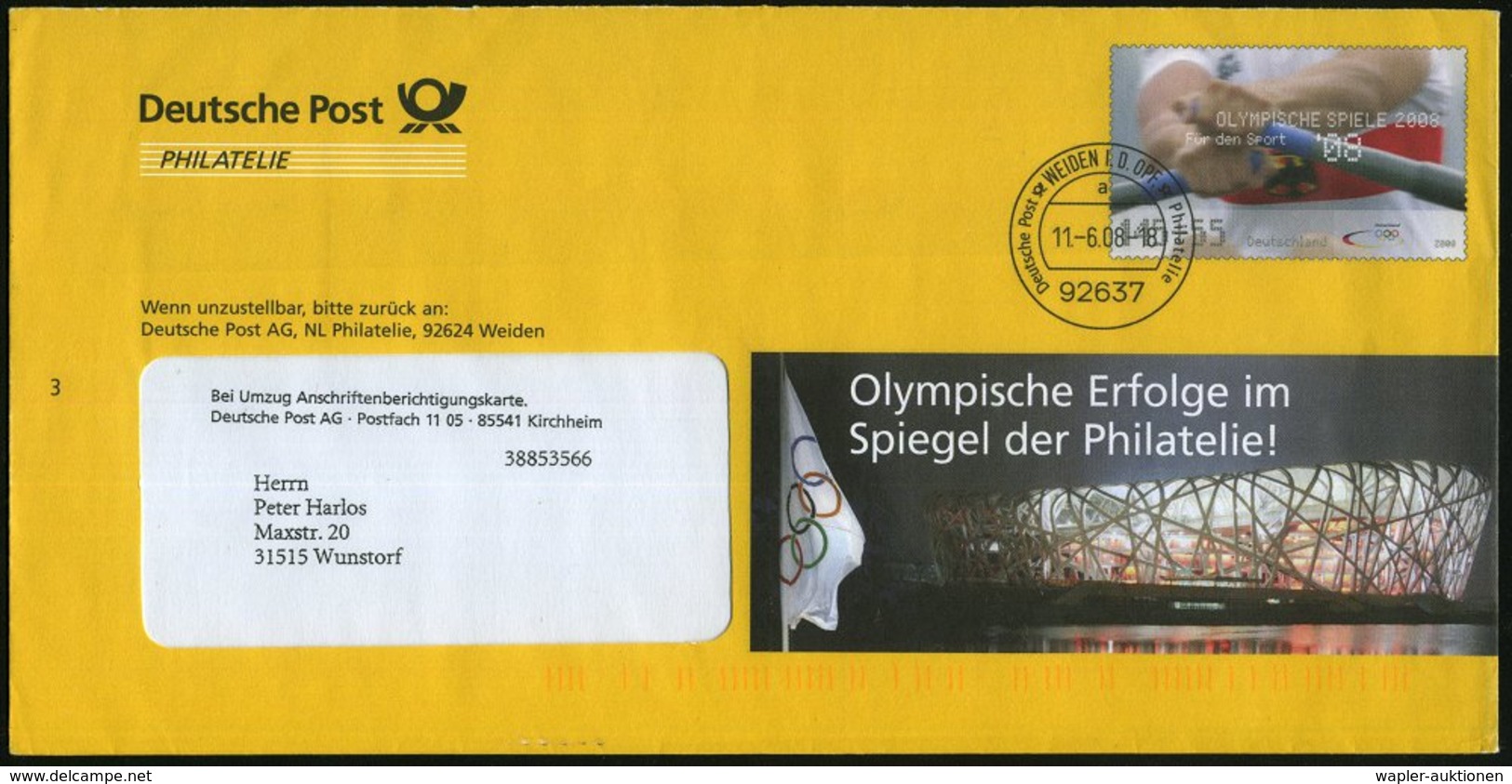 2008 (11.6.) 92637 WEIDEN I. D. OPF., 145 + 55 C. Dienst-Sonderganzsachen-Umschlag "Deutsche Post" PHILATELIE: "Olympisc - Otros & Sin Clasificación