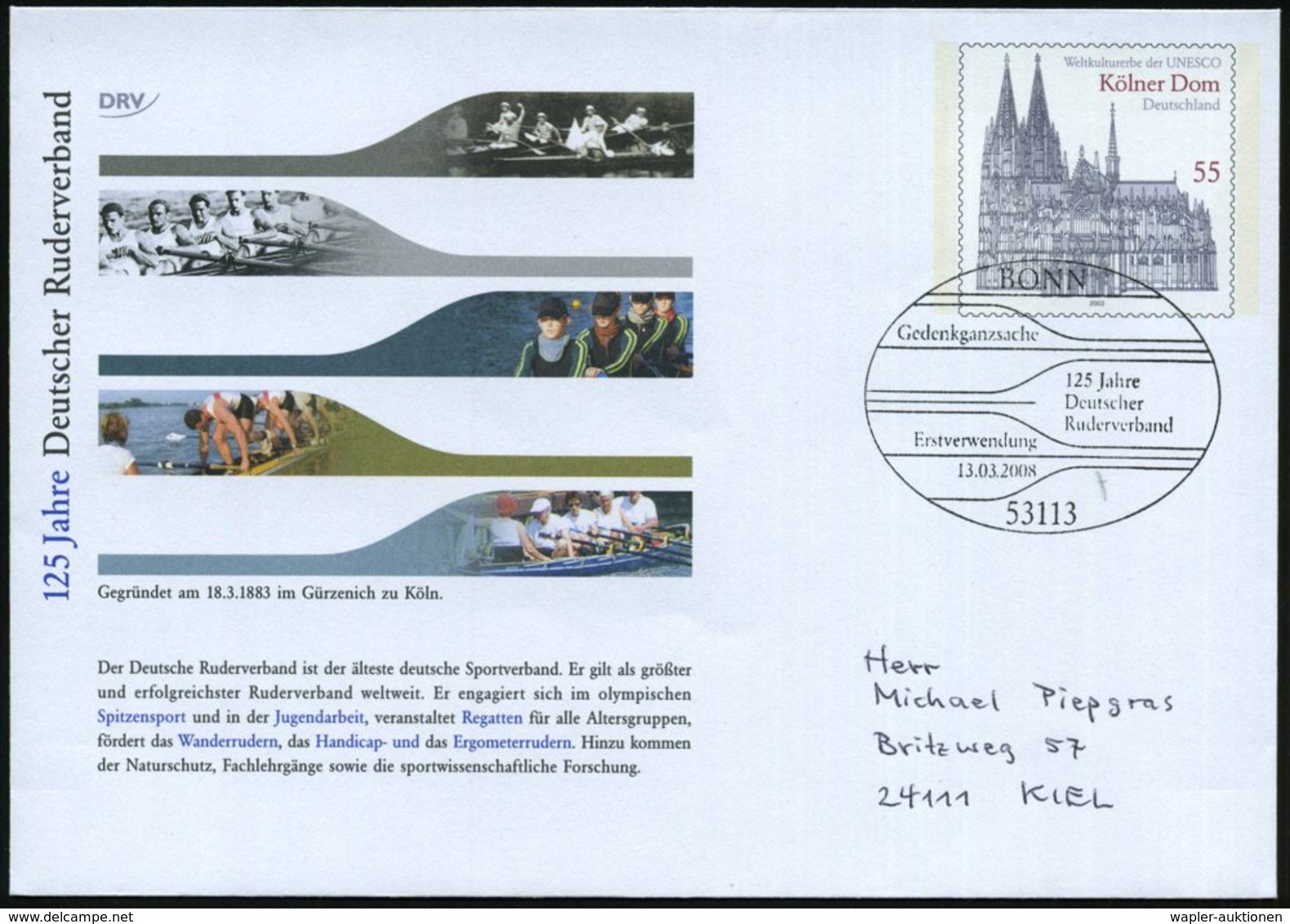 2008 (13.3.) B.R.D., 55 C. Sonder-Ganzsachen-Umschlag Kölner Dom: 125 Jahre Deutscher Ruderverband (Ruderboote) + ET-Son - Other & Unclassified