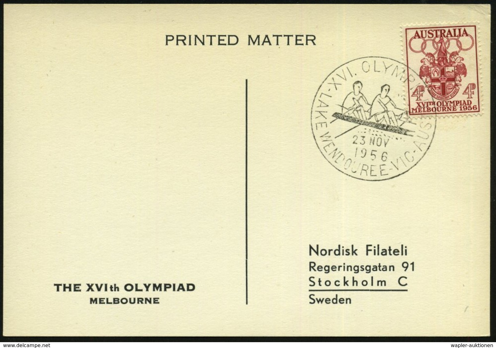 1956 (23.11.) AUSTRALIEN, Sonderstempel: LAKE WENDOURIE VIC, XVI. OLYMPIAD = Rudern, Zweier Auf EF 4 P. Olympiade, Übers - Other & Unclassified