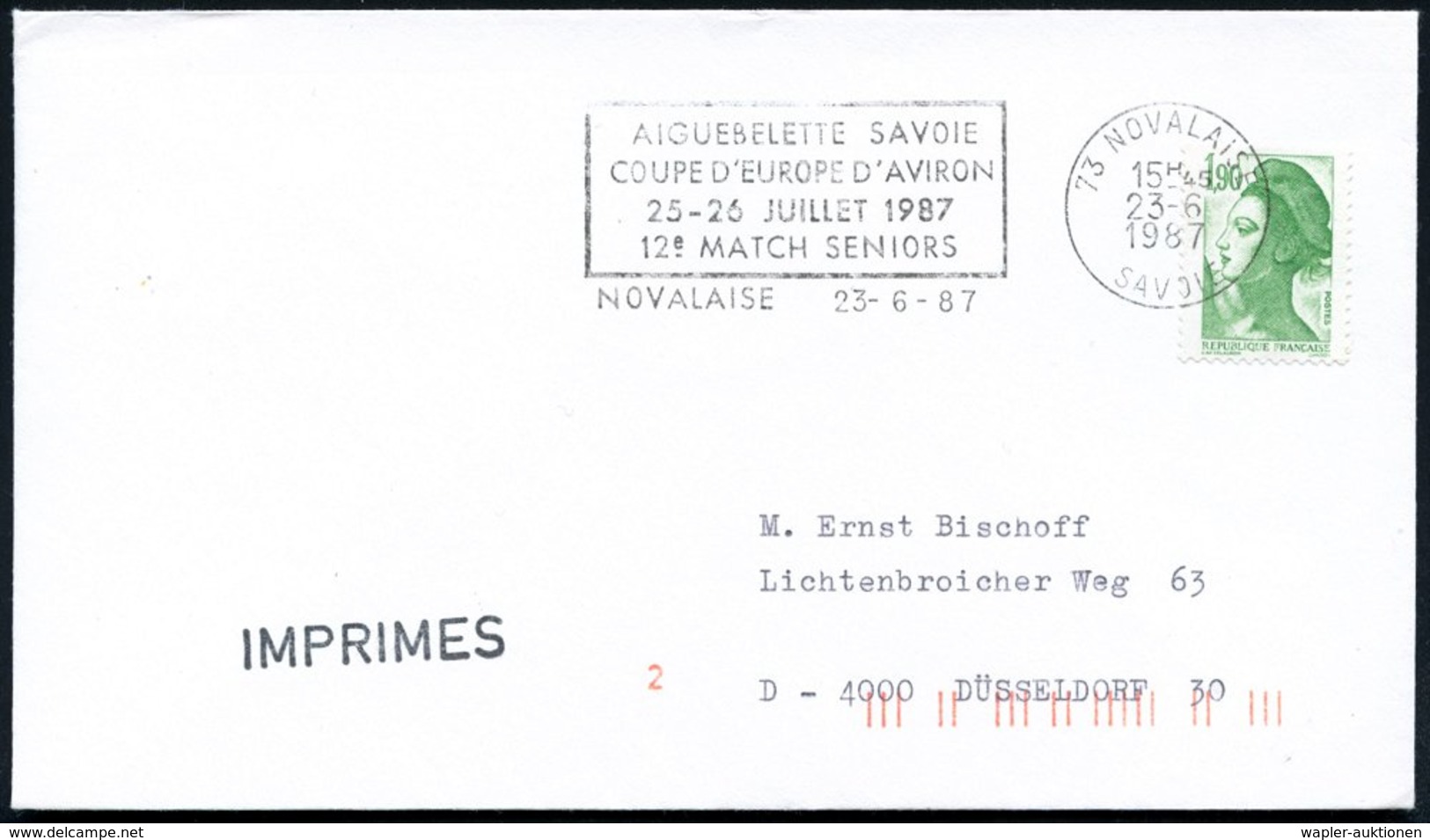 1987 (23.6.) FRANKREICH, Maschinen-Werbestempel: 73 NOVALAISE.. COUPE D'EUROPE D'AVIRON.. (Ruder-EM) Ausl.-Brief - Ruder - Other & Unclassified