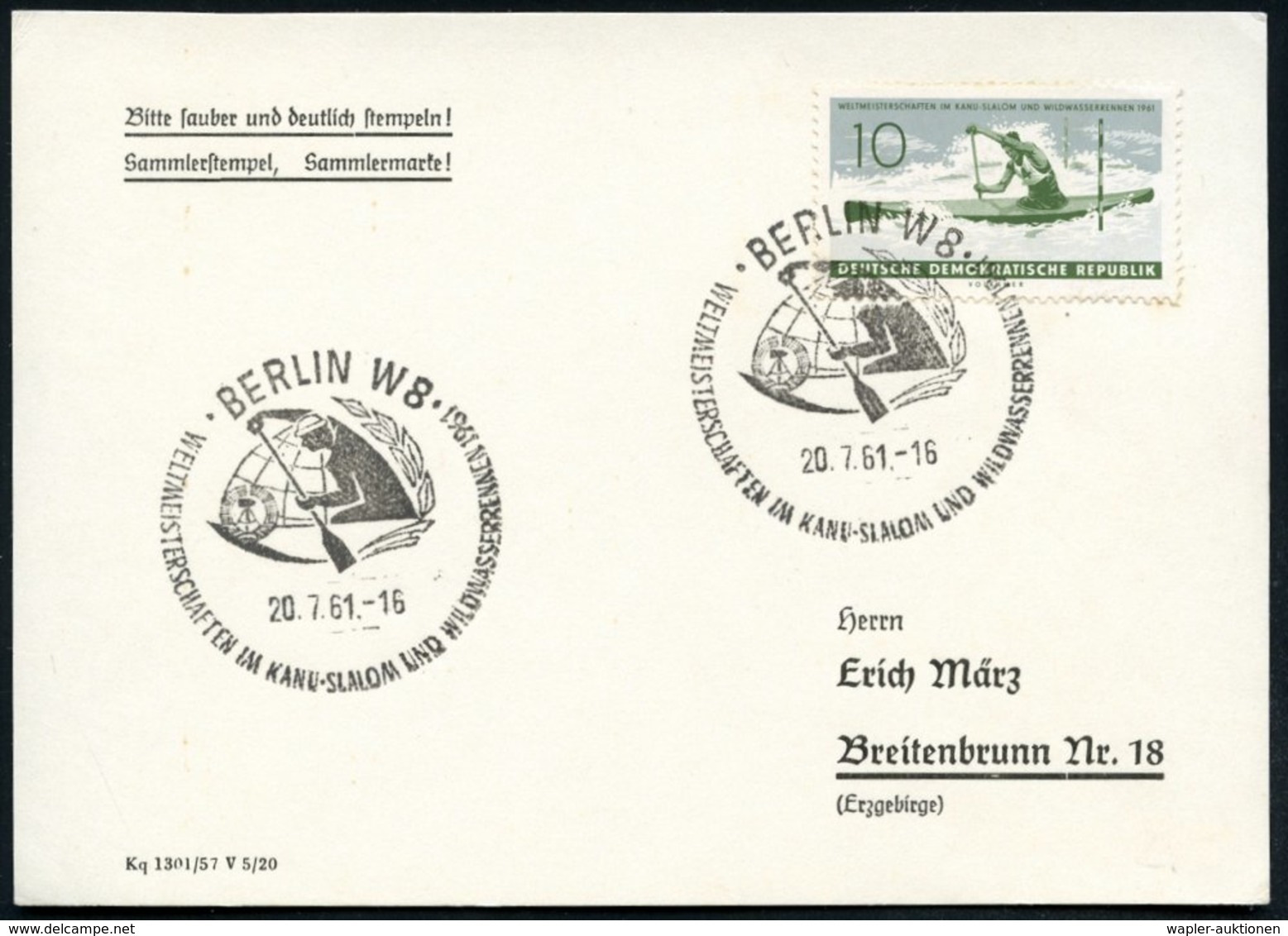 1961 (20.7.) BERLIN W 8, Sonderstempel: WELTMEISTERSCHAFTEN IM KANU-SLALOM U. WILDWASSERRENNEN 1961 (Kanute, Globus, DDR - Other & Unclassified