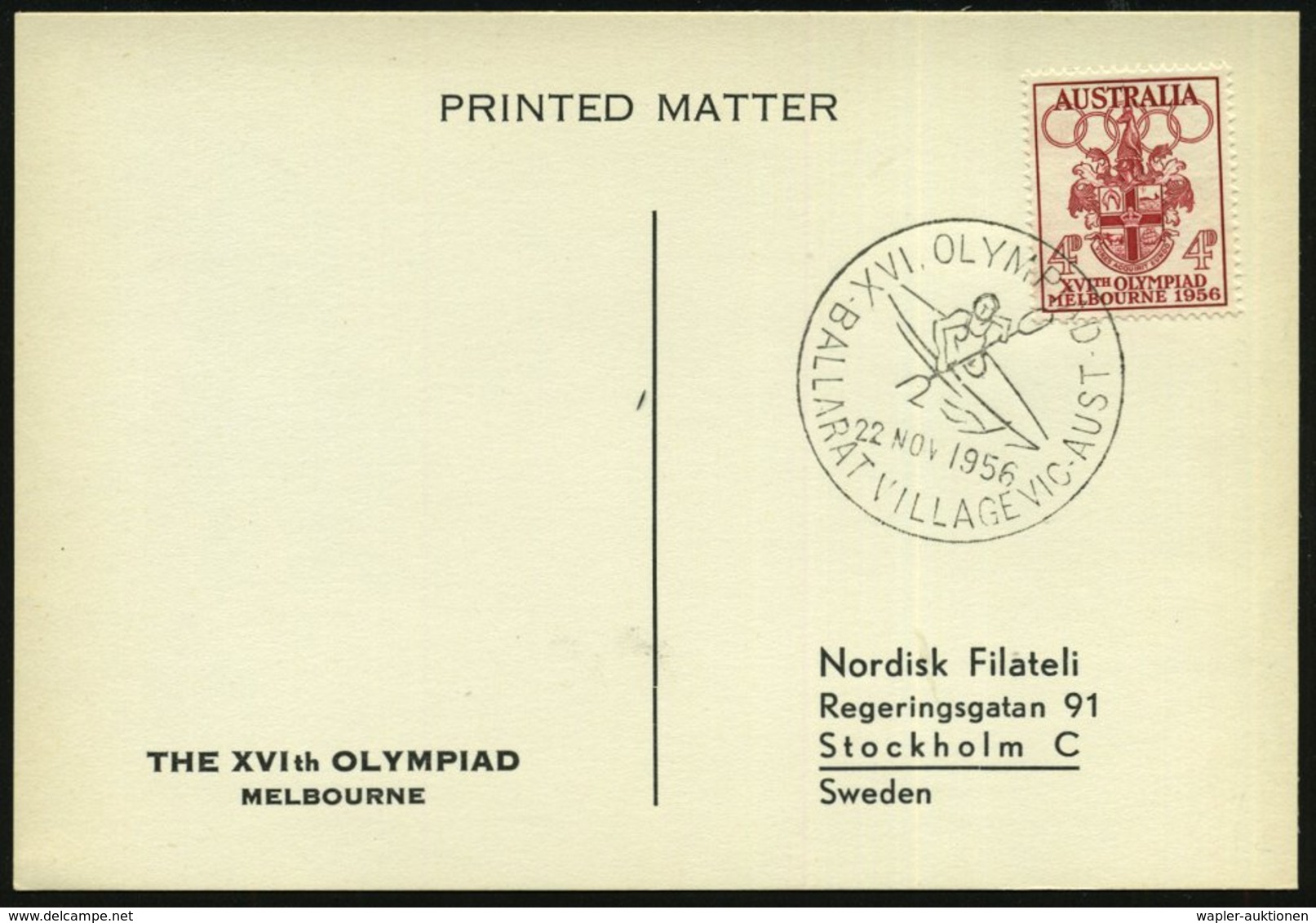 1956 (22.11.) AUSTRALIEN, Sonderstempel: BALLARAT VILLAGE VIC., XVI. OLYMPIAD = Kajak-Einer, EF 4 P. XVI. Olympiade Melb - Other & Unclassified