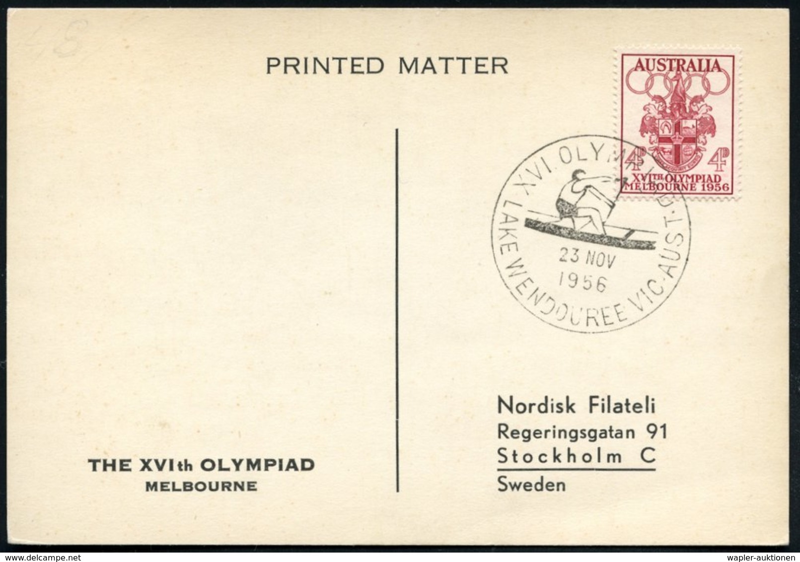 1956 (23.11.) AUSTRALIEN, Sonderstempel: LAKE WENDOUREE VIC., XVI. OLYMPIAD = Kanu-Einer, EF 4 P. XVI. Olympiade Melbour - Autres & Non Classés