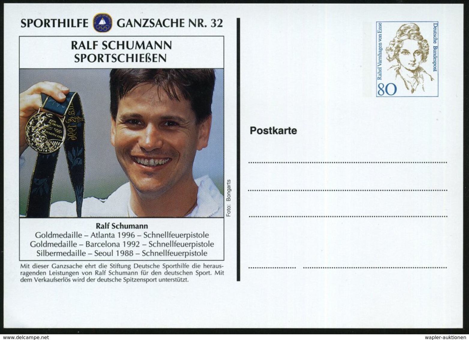 1996 B.R.D., PP 80 Pf. Varnhagen: SPORTHILFE GANZSACHE Nr.32, RAF SCHUMANN, SPORTSCHIESSEN (Gold Olympiade 1992 U. 1996, - Other & Unclassified