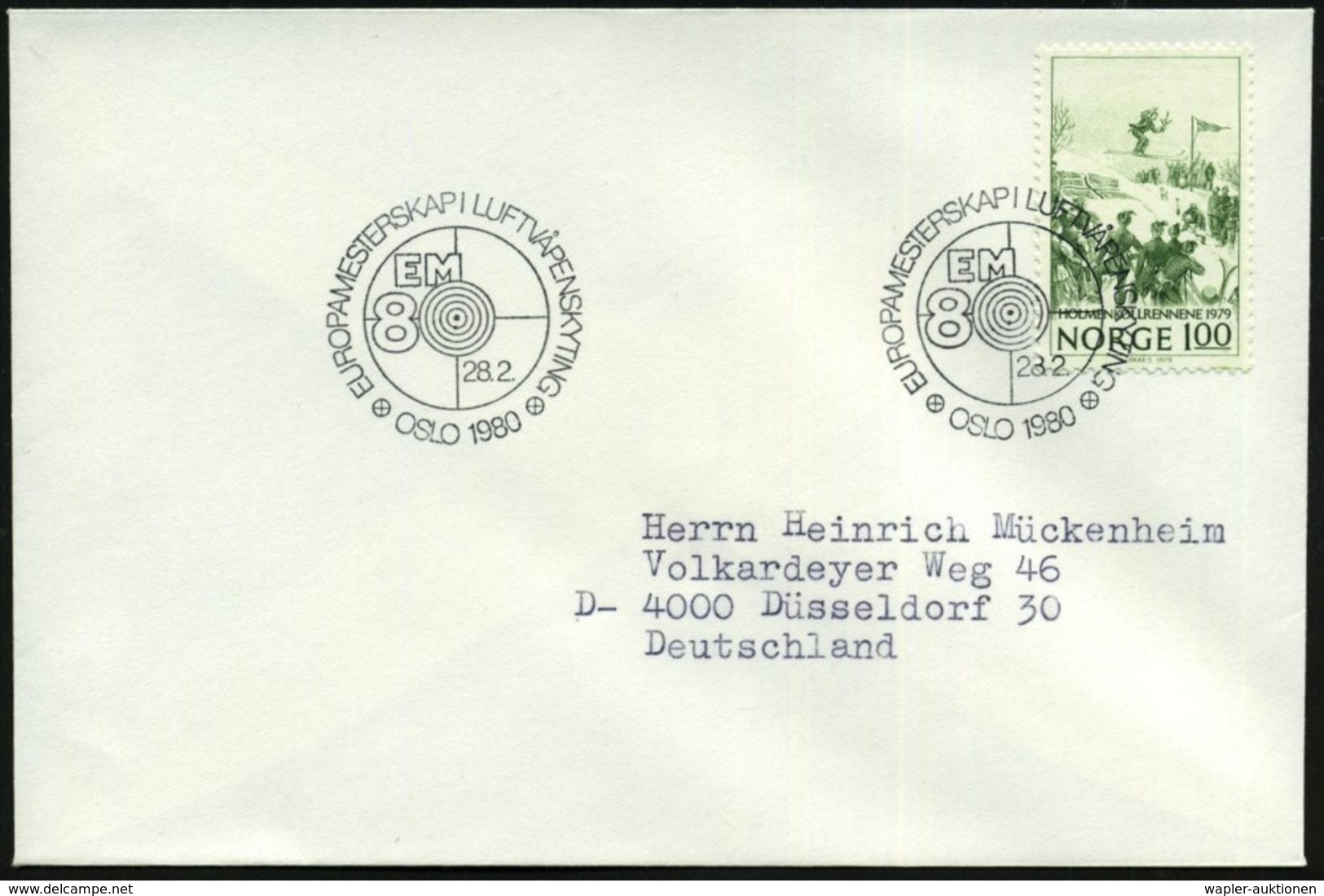 1980 (28.2.) NORWEGEN, Sonderstempel: OSLO, EUROPA MESTERSKAP I LUFTVAPENSKYTING (EM Luftgewehr) Ausl.-Brief - Sportschi - Autres & Non Classés