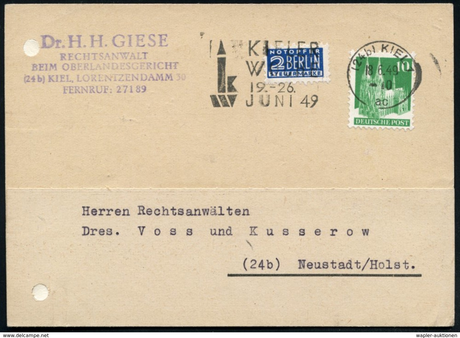 1949 (18.6.) (24 B) KIEL 1, Maschinen-Werbestempel: KIELER WOCHE.. JUNI 49 (Logo) Gelochte Firmenkarte (Bo.57 A) - Segel - Other & Unclassified