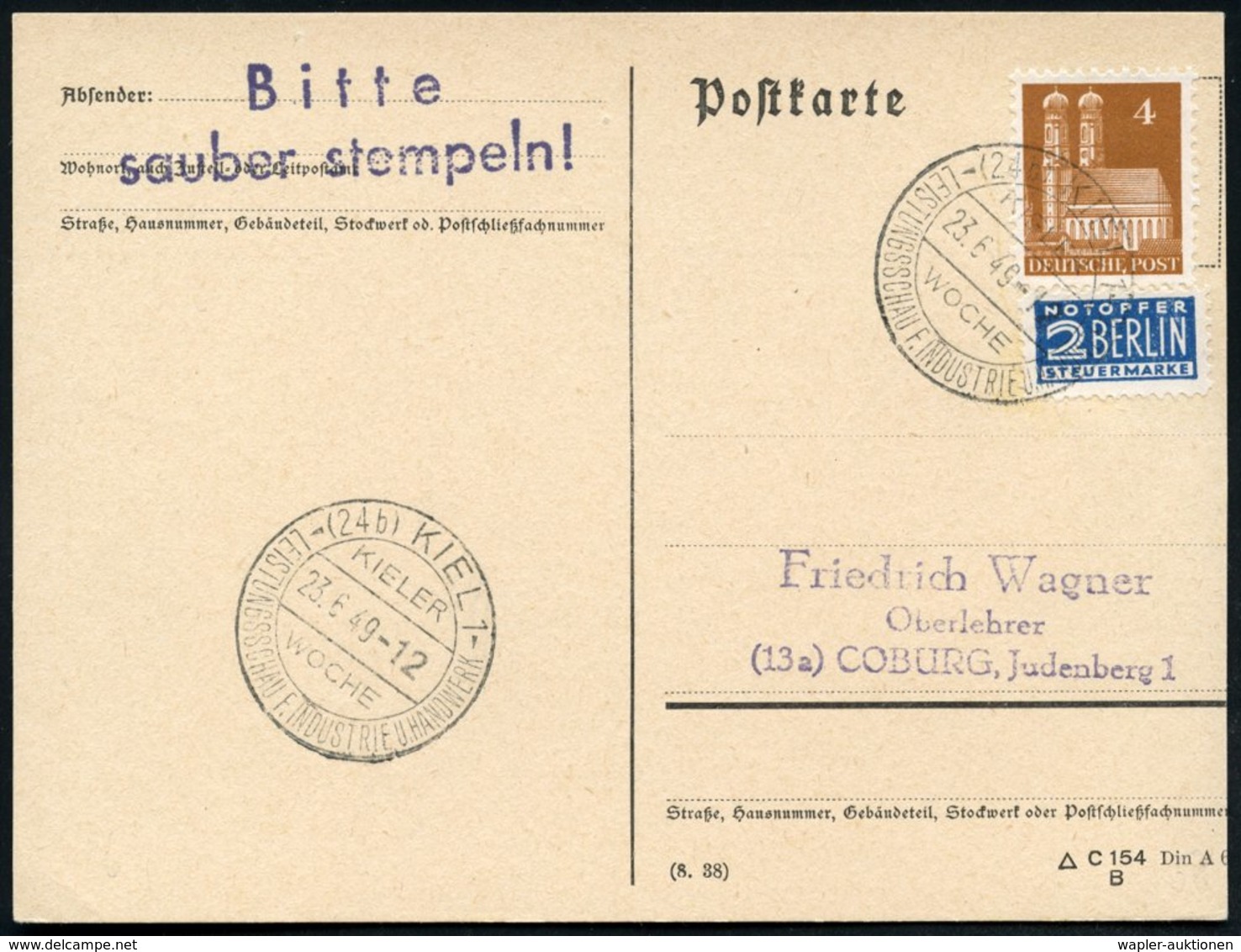 1949 (23.6.) (24 B) KIEL 1, Sonderstempel: KIELER WOCHE, LEISTUNGSSCHAU.., Inl.-Karte (Bo.58) - Segelsport / Sailing / Y - Other & Unclassified