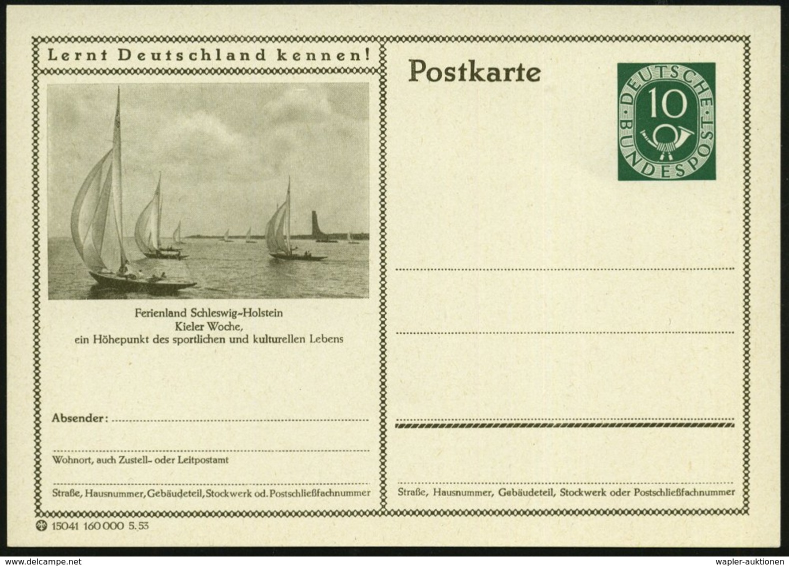 1953 Kiel, 10 Pf. Bild-Ganzsache Posthorn, Grün: Kieler Woche.. (Segelschiffe) Ungebr. (Mi.P 17) - Segelsport / Sailing  - Other & Unclassified