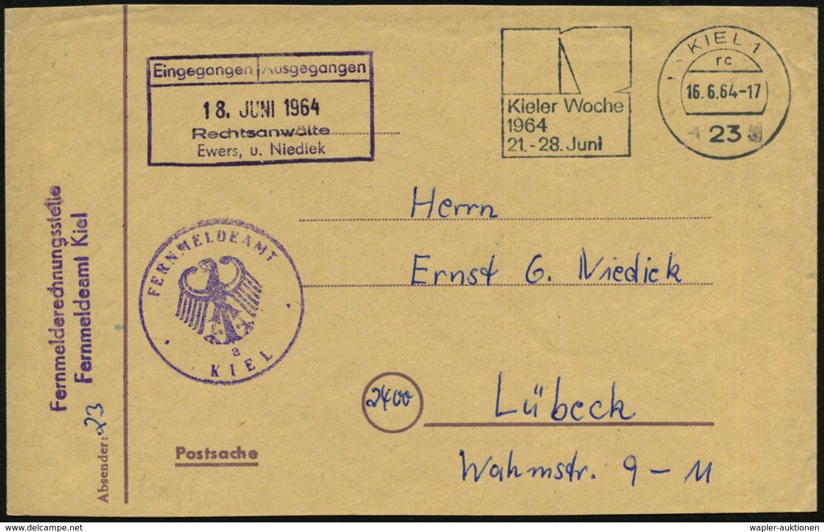 1964 (16.6.) 23 KIEL 1, Maschinen-Werbestempel: Kieler Woche 1964 (Segel) + Viol. Nebenstempel: FERNMELDEAMT KIEL, (geri - Other & Unclassified