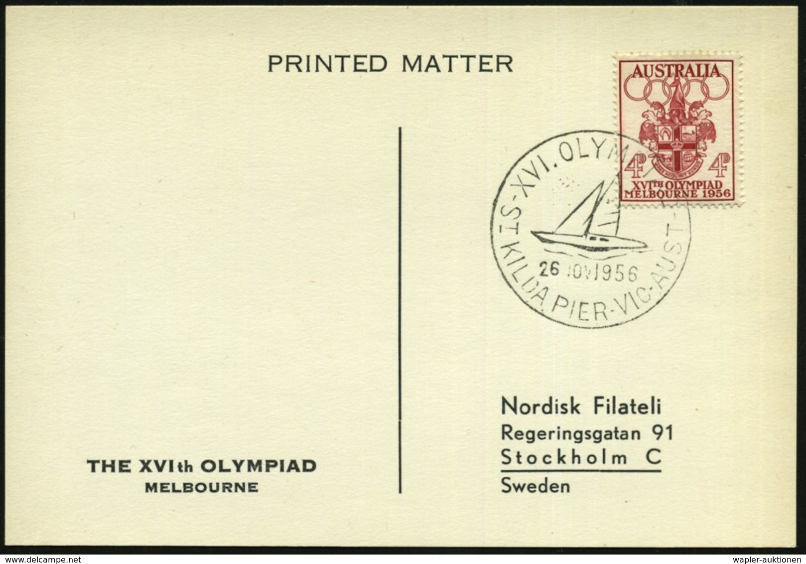 1956 (26.11.) AUSTRALIEN, Sonderstempel: KILDA PIER, VIC., XVI. OLYMPIAD (Segelbbot) EF 4 P. "XVI. Olympiade", Übersee-S - Other & Unclassified