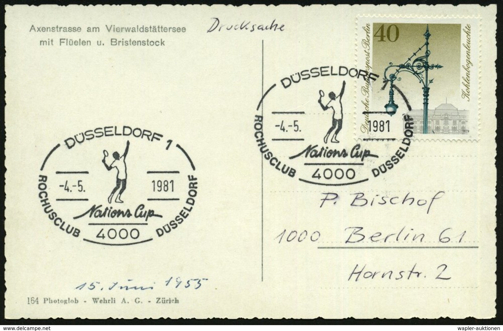 1981 (4.5.) 4000 DÜSSELDORF 1, Sonderstempel: Nations Cup, ROCHUSCLUB DÜSSELDORF (Tennisspieler Aufschlagend) Inl.-Karte - Other & Unclassified