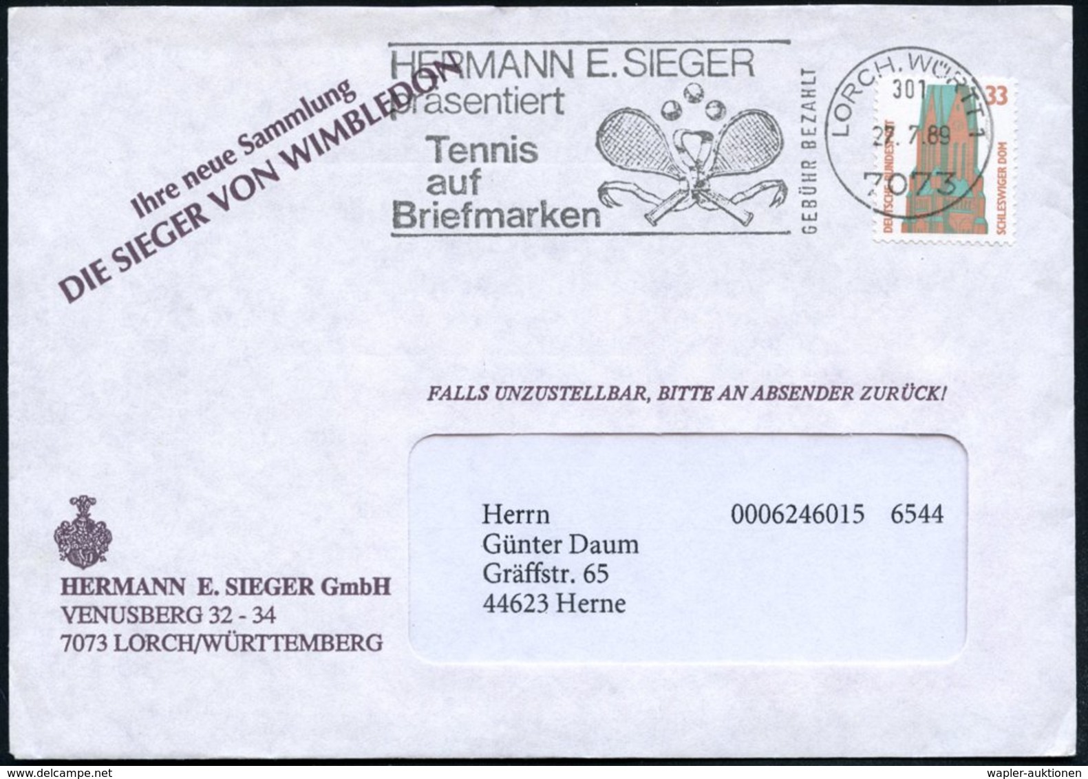 1989 (27.7.) 7073 LORCH, WÜRTT 1, Absenderstempel: HERMANN E. SIEGER.. Tennis Auf Briefmarken (2 Schläger, 3 Bälle) = Vo - Other & Unclassified