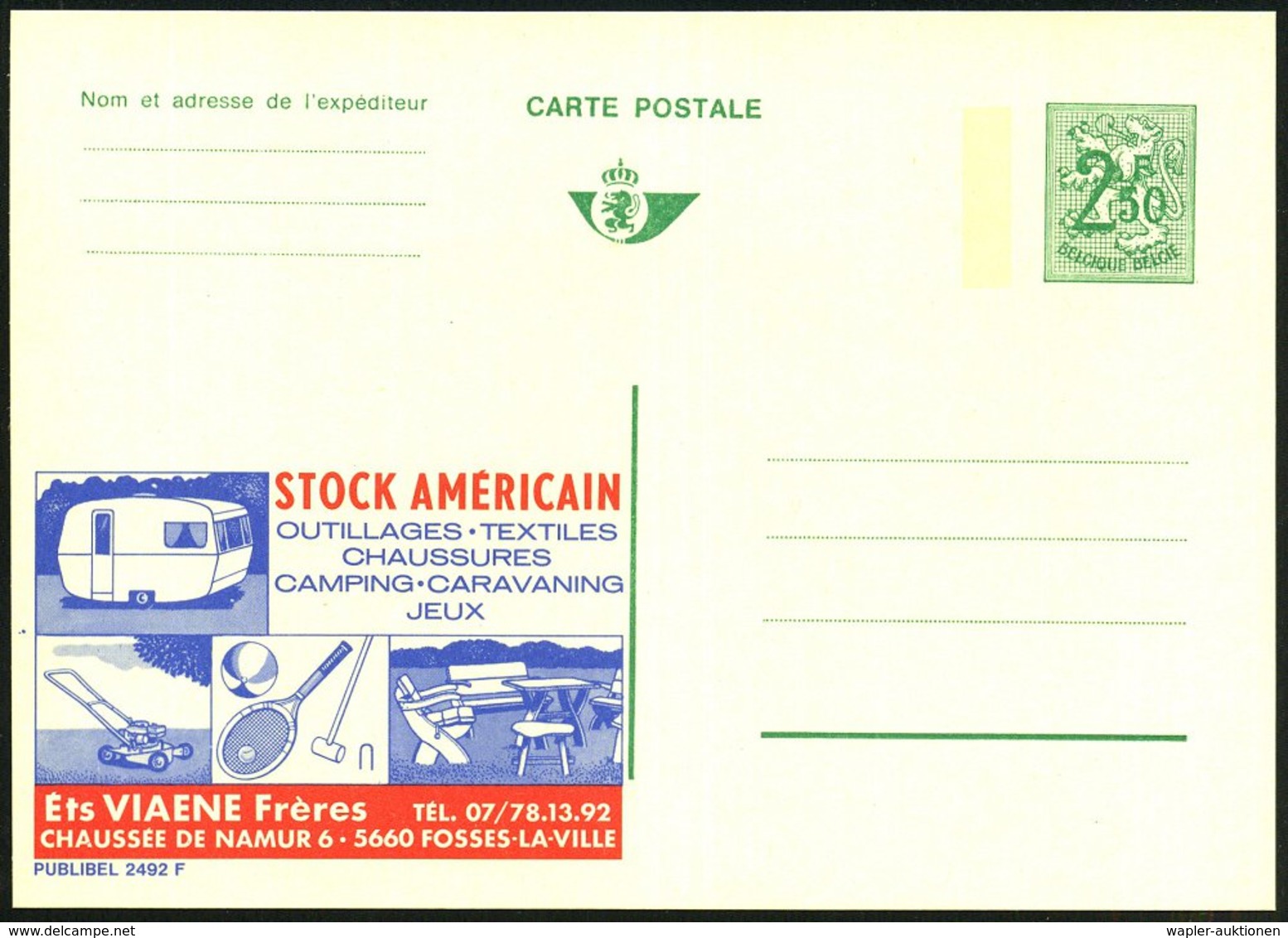 1970 BELGIEN, 2,50 F. Publibel-Ganzsache, Grün: STOCK AMERICAIN.. Mit Tennischläger, Ball Und Krocket-Schläger (u. Carav - Autres & Non Classés