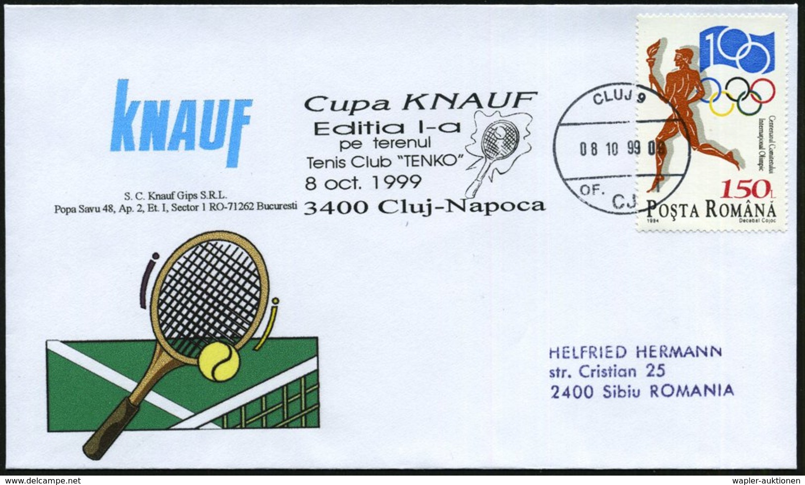 1999 (8.10.) RUMÄNIEN, Fahnen-Sonderstempel: CLUJ 9, Cupa KNAUF, Editia 1-a.. Tenis Club "TENKO".. (Tennisschläger U. Ba - Other & Unclassified