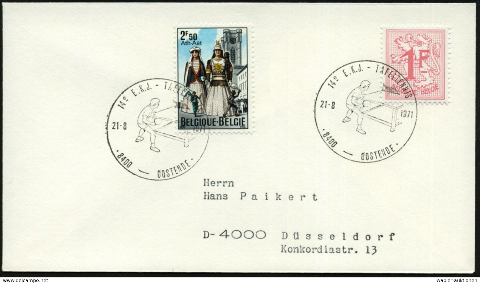 1971 (21.8.) BELGIEN, Sonderstempel: 8400 OOSTENDE, 14e E.K.J. - TAFELTENNIS (Tischtennisspieler) Ausl.-Brief - Tischten - Other & Unclassified