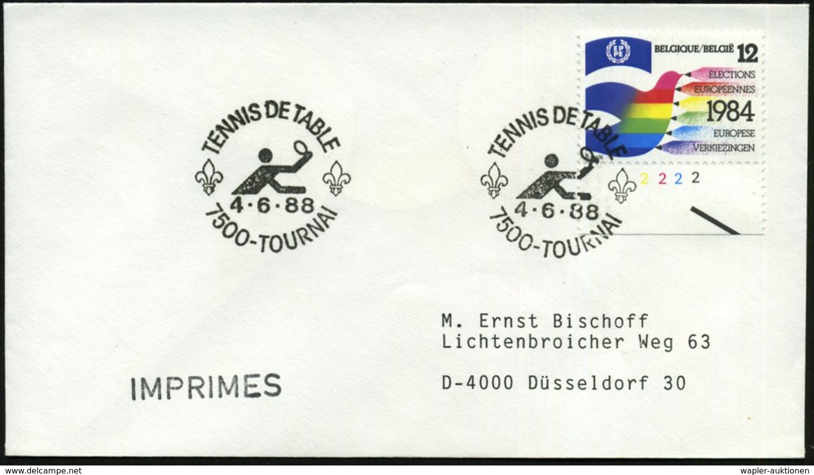 1988 (4.6.) BELGIEN, Sonderstempel:7500 Tournai, TENNIS DE TABLE (Pfadfinder-Lilien, Tischtennis-Piktogramm) Ausl.-Brief - Other & Unclassified