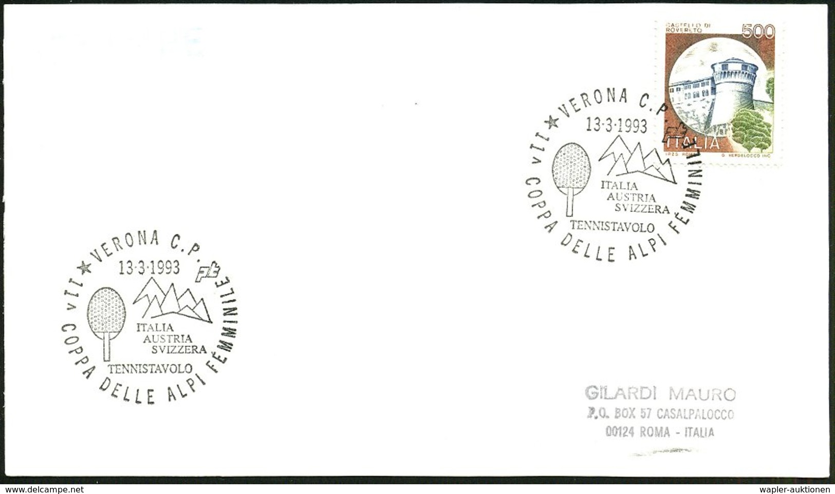 1993 (13.3.) ITALIEN, Sonderstempel: VERONA C.P., TENNISTAVOLO, 11A COPPA DELLE ALPI FEMMINILE (!!: Tischtennis-Frauen-C - Other & Unclassified