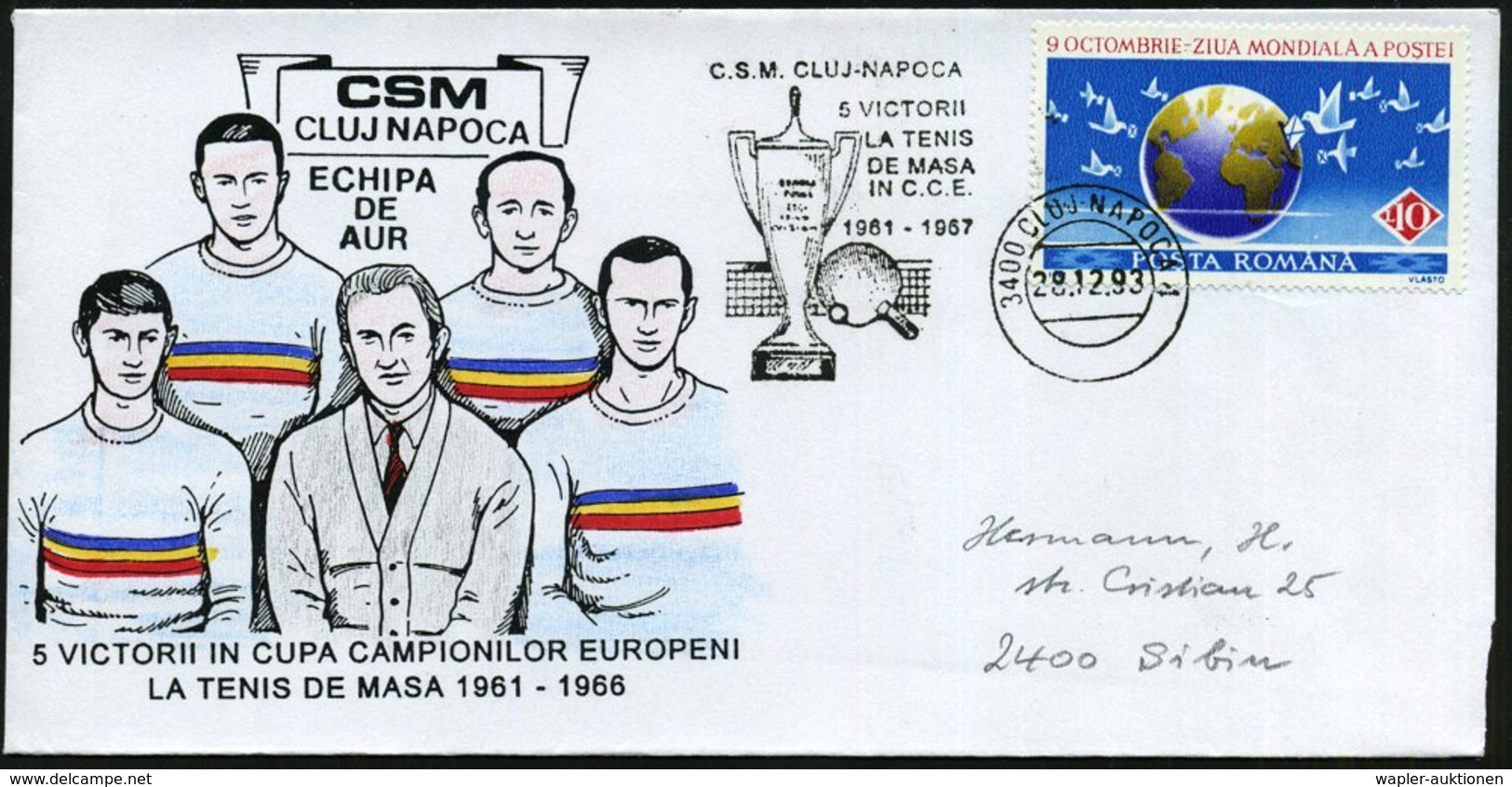 1993 (28.12.) RUMÄNIEN, Fahnen-Sonderstempel: 3400 CLUJ NAPOCA 4, C.S.M. CLUJ-NAPOCA, 5 VICTORII LA TENIS DE MASA.. (Pok - Autres & Non Classés