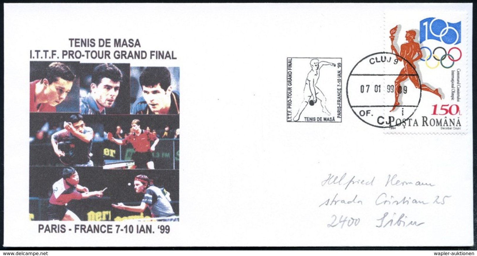 1999 (7.1.) RUMÄNIEN, Sonderstempel: CLUJ 9, I.T.T.F. PRO-TOUR GRAND FINAL, TENIS DE MASA, PARIS-FRANCE.. (Tennisspieler - Other & Unclassified