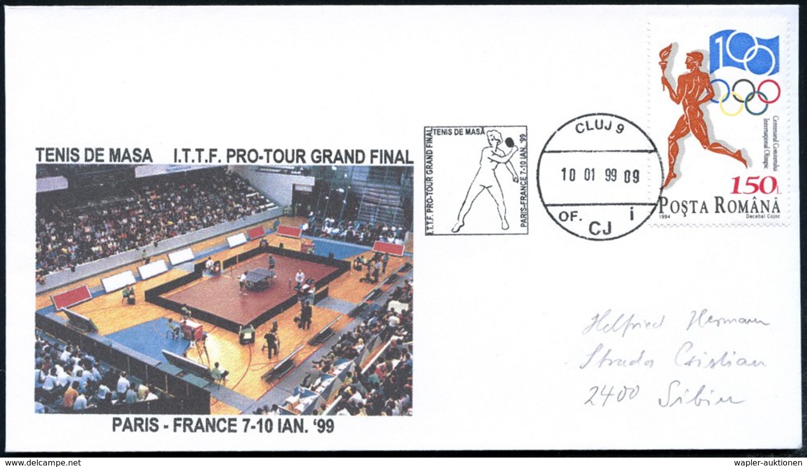 1999 (10.1.) RUMÄNIEN, Sonderstempel: CLUJ 9, I.T.T.F. PRO-TOUR GRAND FINAL, TENIS DE MASA, PARIS-FRANCE.. (Tennisspiele - Other & Unclassified