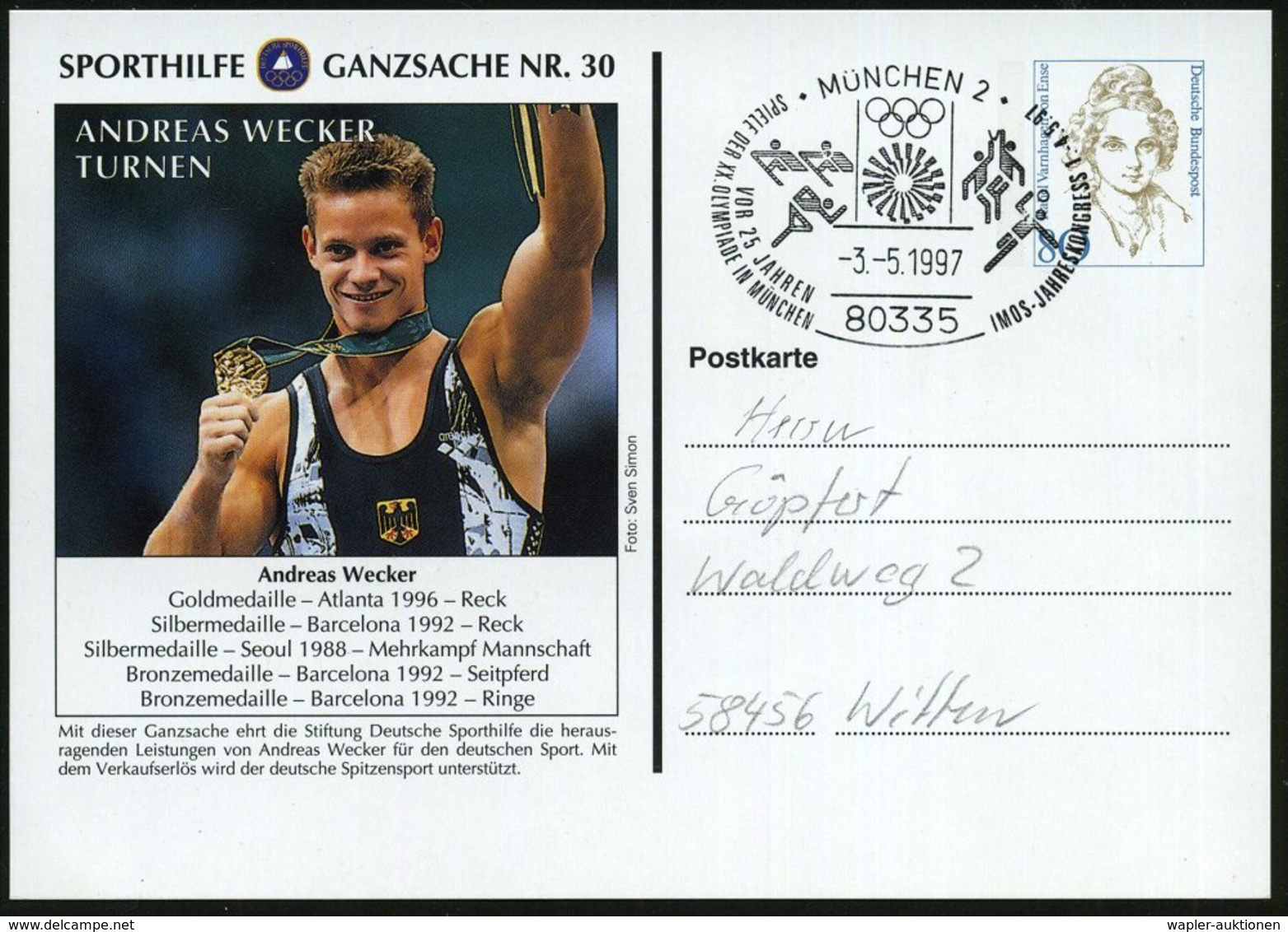 1997 (3.5.) B.R.D., PP 80 Pf. Varnhagen: SPORTHILFE GANZSACHE Nr.30: ANDREAS WECKER; TURNEN (Gold Olymiade 1996 Atlanta, - Other & Unclassified