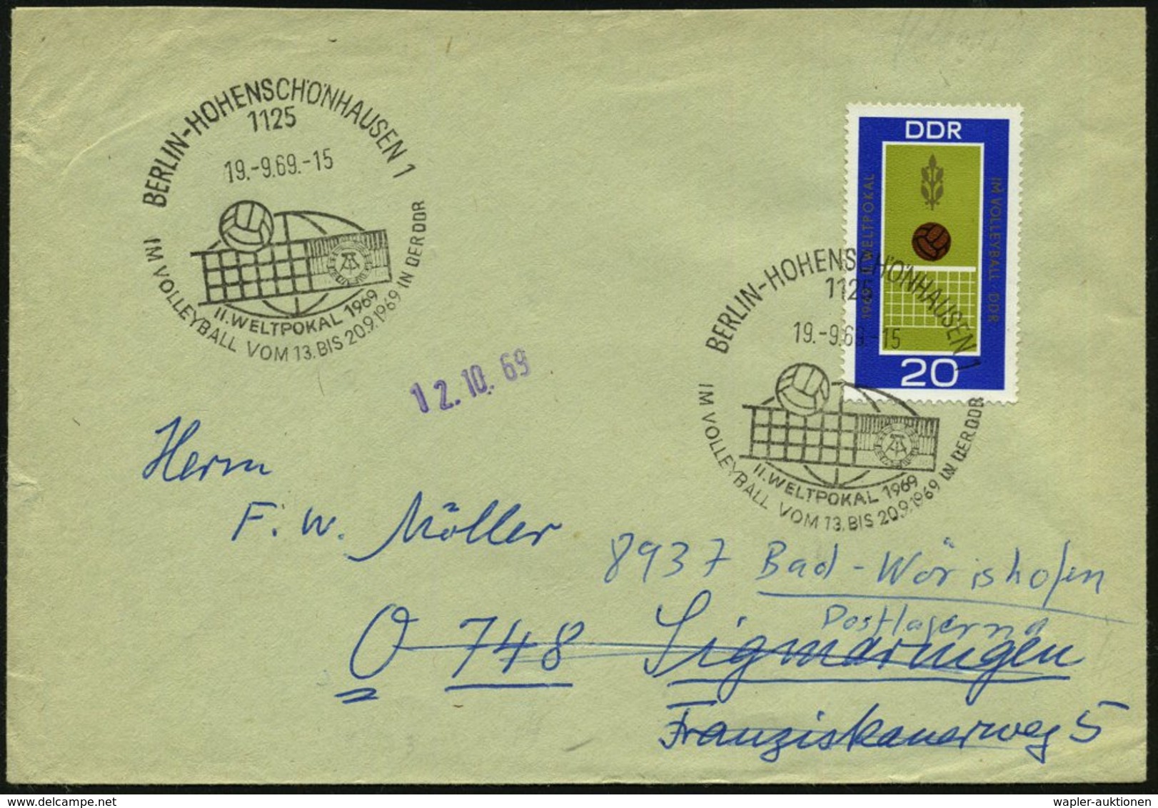 1969 (19.9.) 1125 BERLIN-HOHENSCHÖNHAUSEN 1, Sonderstempel: II. WELTPOKAL IM VOLLEYBALL 1969 (Ball, Netz, Globus) Auf Pa - Other & Unclassified