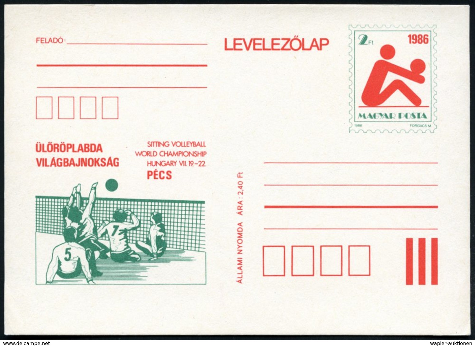 1986 UNGARN, 2 Ft. Sonder-Ganzsache: Sitz-Volleyball-Weltmeisterschaft In Pecs (Frauenmannschaft) Ungebr. (Mi.P 361) - F - Other & Unclassified