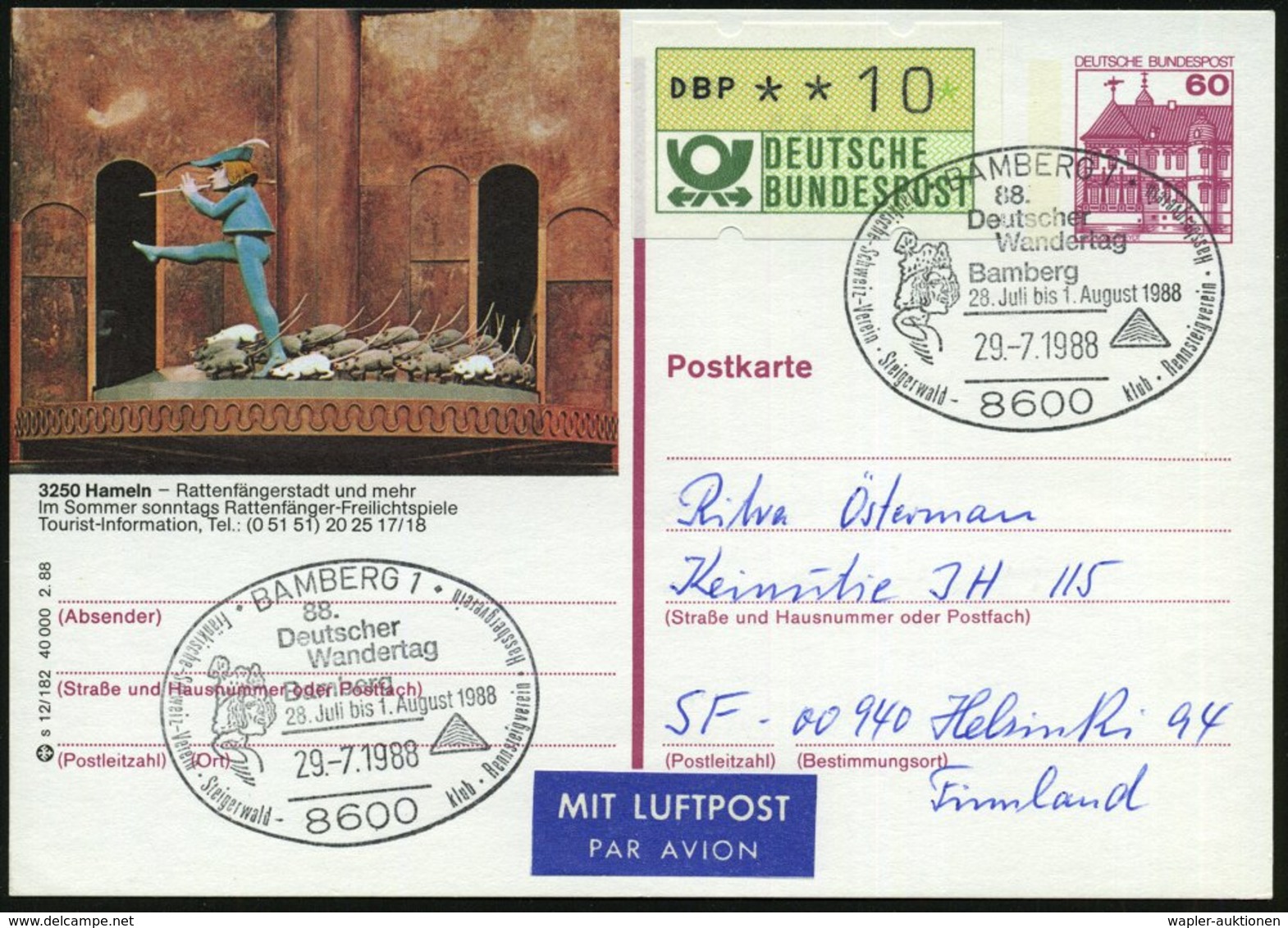 1988 (29.7.) 8600 BAMBERG 1, Sonderstempel: 88. Deutscher Wandertag.. (Kopf Des Bamberger Reiters, Logo) Ausl.-Flugpostk - Other & Unclassified