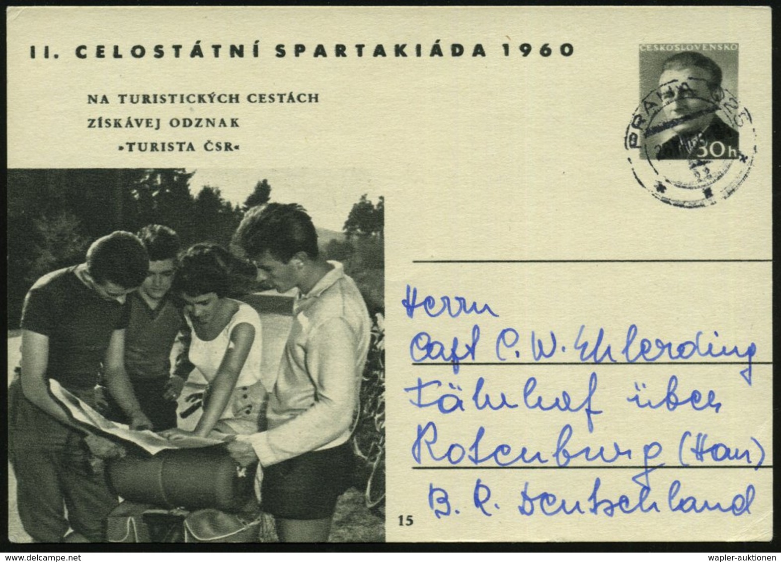 1960 TSCHECHOLSLOWAKEI, 30 H. Bild-Ganzsache Novotny: II. Spartakiade, Wanderer Mit Landkarte, Bedarfskarte (Pofis.CDV 1 - Other & Unclassified