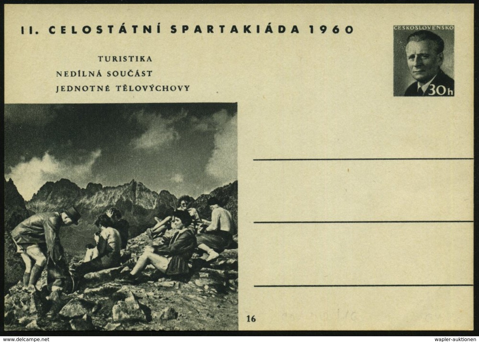 1960 TSCHECHOLSLOWAKEI, 30 H. Bild-Ganzsache Novotny: II. Spartakiade, Berg-Wanderer In Den Bergen, Ungebr. (Pofis.CDV 1 - Other & Unclassified