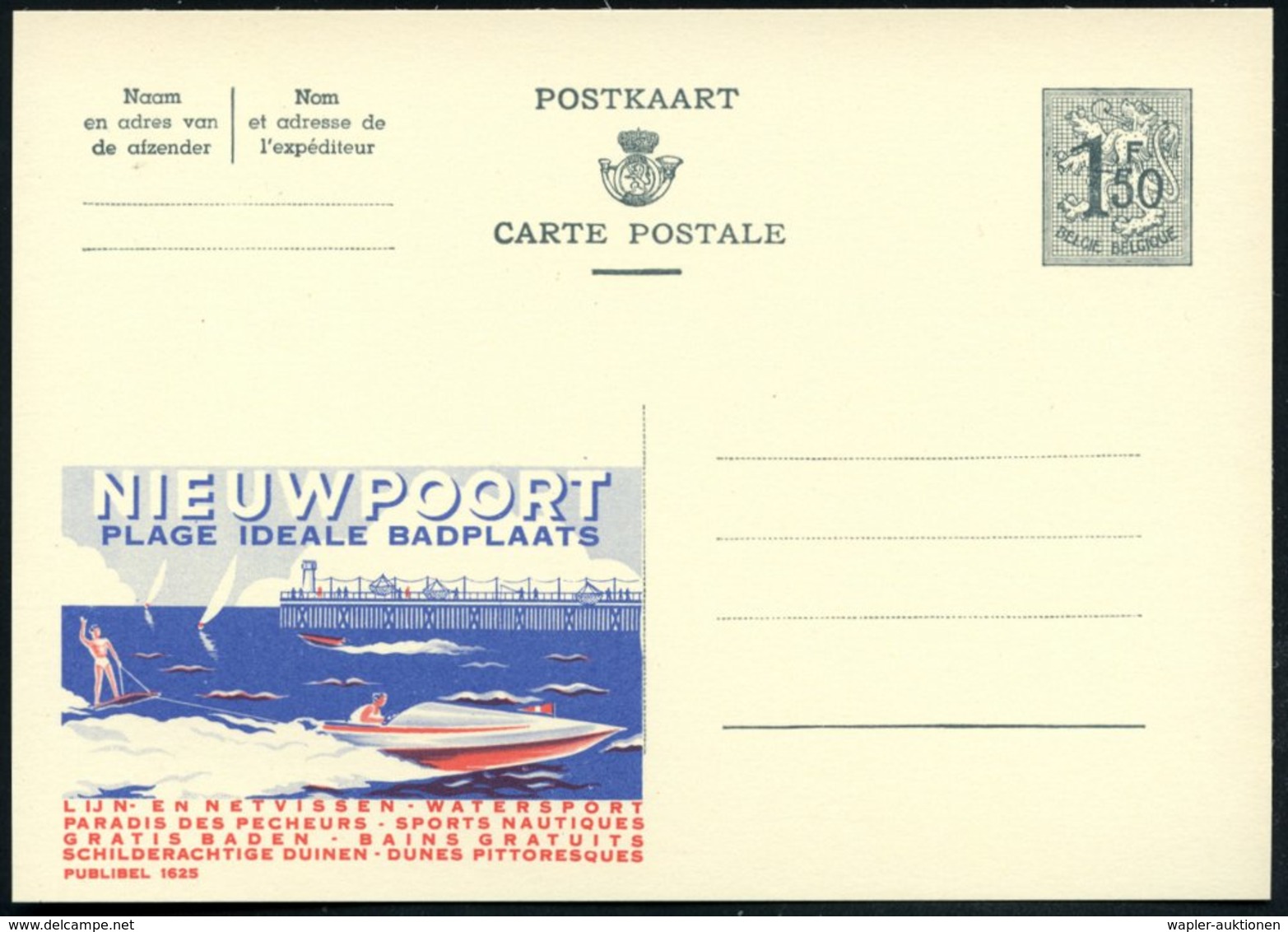 1958 BELGIEN, 1,50 F. Publibel-Ganzsache, Grau: NIEUWPOORT, PLAGE IDEALE BADSPLAATS.. = Motorboot Mit Wasserskiläufer (u - Other & Unclassified