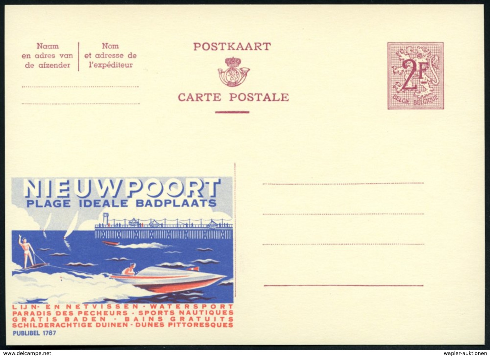 1959 BELGIEN, 2 F. Publibel-Ganzsache, Weinrot: NIEUWPOORT, PLAGE IDEALE BADSPLAATS.. = Motorboot Mit Wasserskiläufer (u - Other & Unclassified