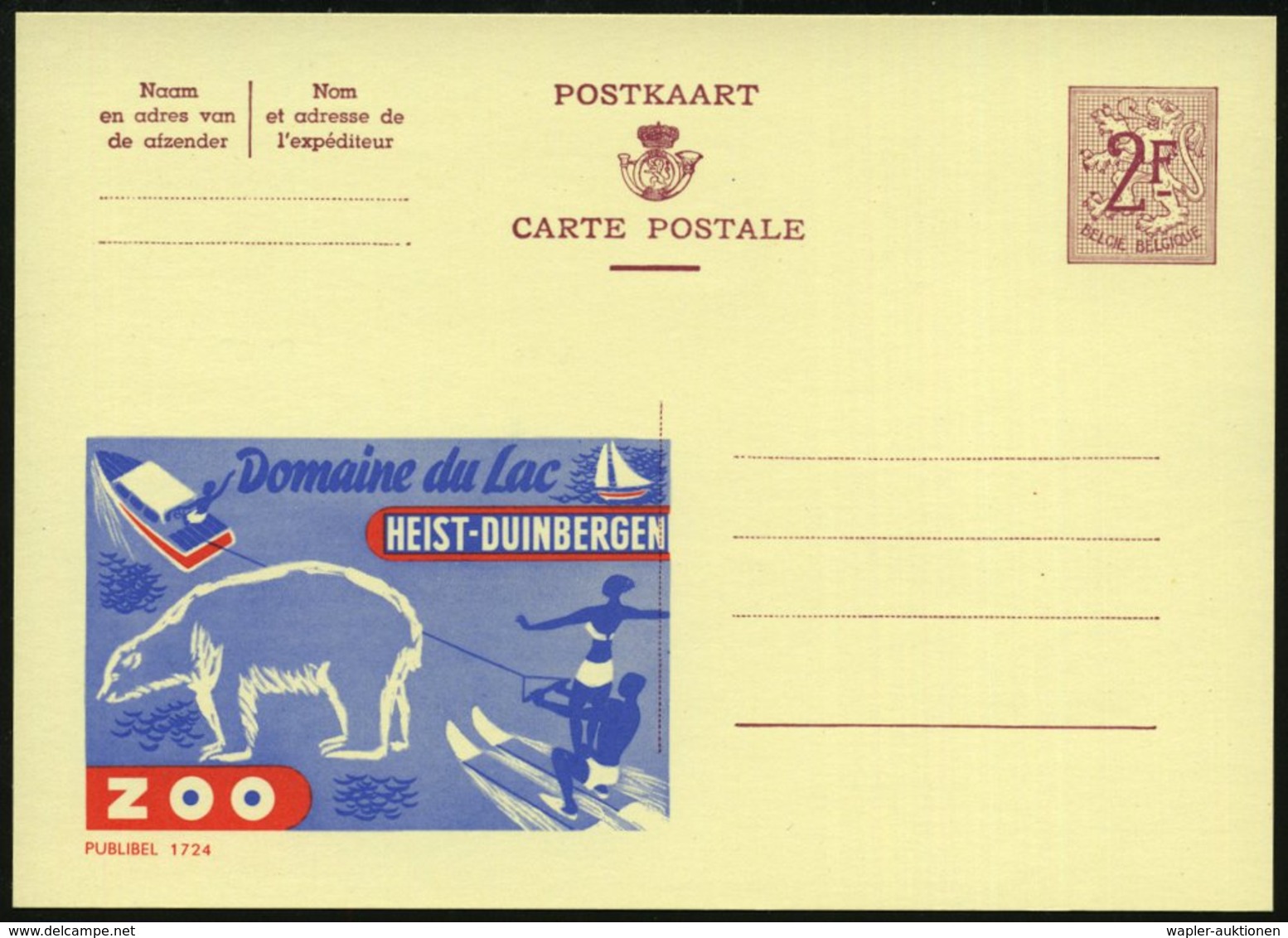 1959 BELGIEN, 2 F. Publibel-Ganzsache, Weinrot: Domaine Du Lac, HEIST-DUINBEREGN, ZOO = Motorboot Mit Wasserskiläufer (u - Other & Unclassified
