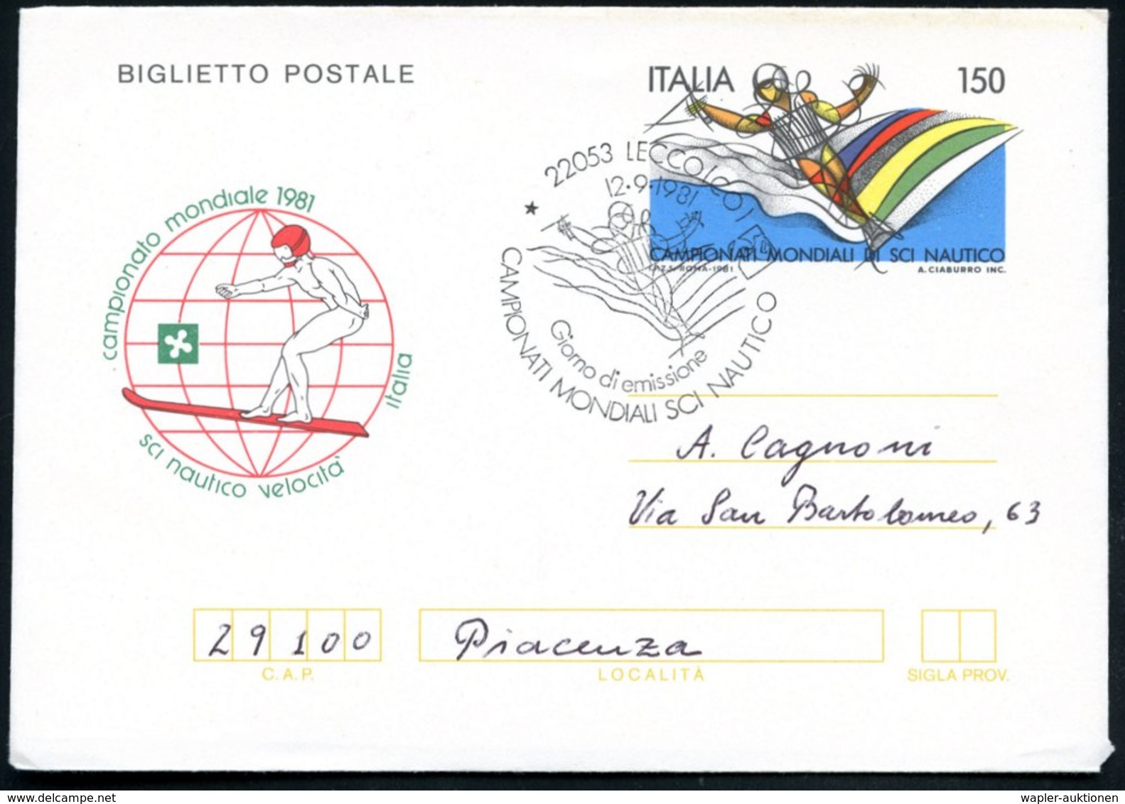 1981 (12.9.) ITALIEN, Sonder-Faltbrief 150 L. "Wasserski-Weltmeisterschaft" (Surfer Vor Globus) + Passender ET-Sonderste - Other & Unclassified