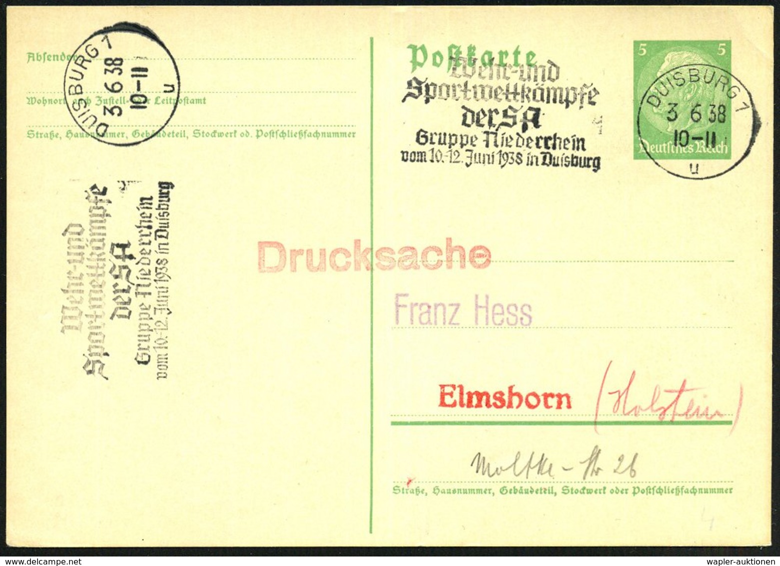 1938 (3.6.) DUISBURG 1, Maschinen-Werbestempel: Wehr- U. Sportwettkämpfe Der SA.. , 2x Auf Inl.-Karte (Bo.4 A) - Diverse - Other & Unclassified