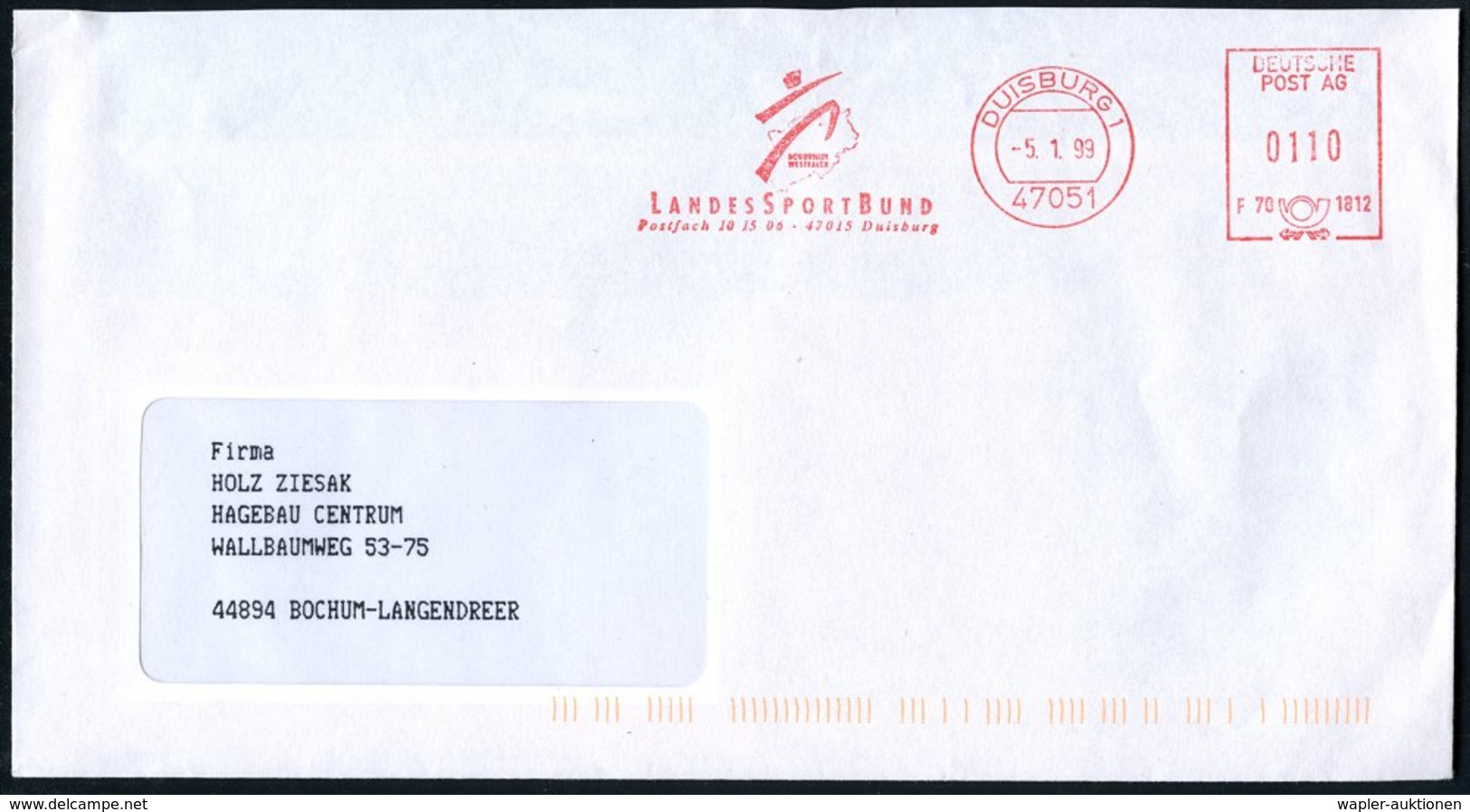 1999 (5.1.) 47051 DUISBURG 1, Absender-Freistempel "DEUTSCHE POST AG": LANDESSPORTBUND NORDRHEIN WESTFALEN (Logo) Inl.-B - Sonstige & Ohne Zuordnung