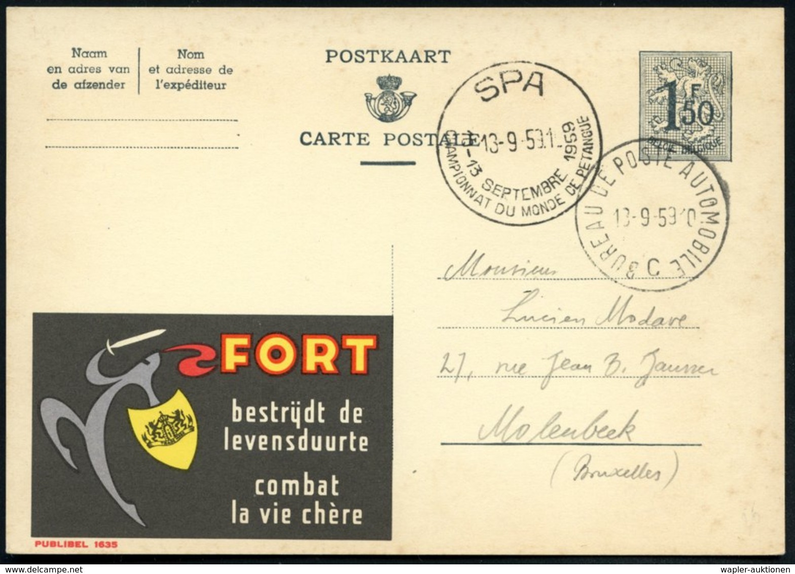 1959 (13.9.) BELGIEN, Sonderstempel: SPA, CHAMPIONNAT DU MONDE DE PETANQUE (= 1. WM Im Boule-Spiel) + 1K: BUREAU DE POST - Sonstige & Ohne Zuordnung