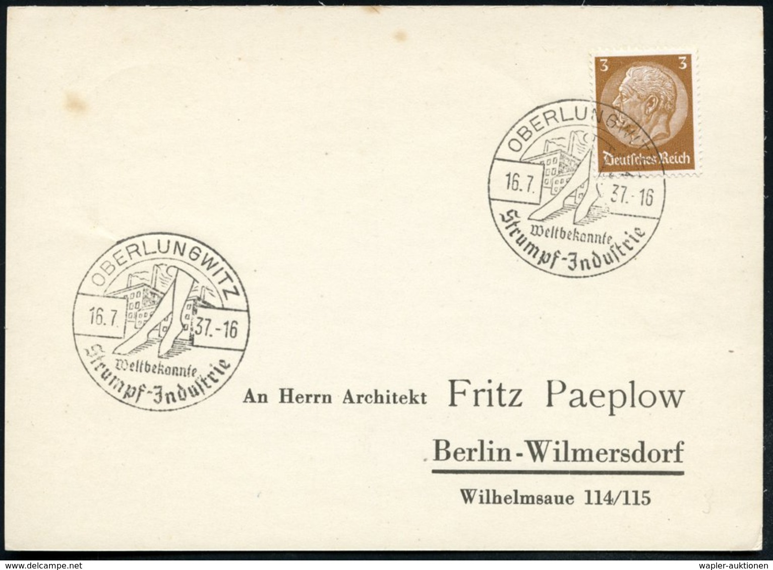 1937 (16.7.) OBERLUNGWITZ, Hand-Werbestempel: Weltbekannte Strumpf-Jndustrie, Inl.-Karte (Bo.3) - Textil & Textilmaschin - Other & Unclassified