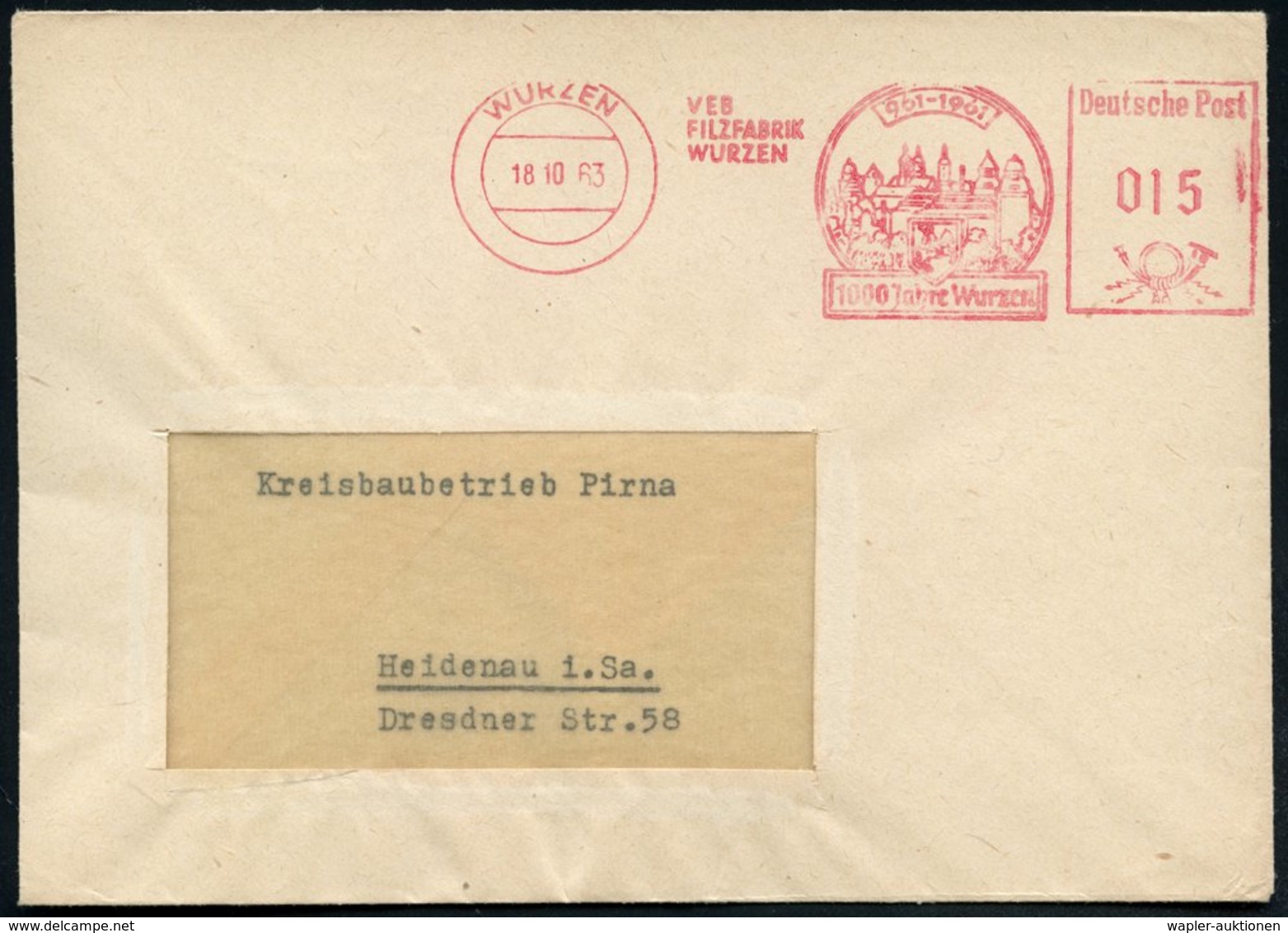 1963 (18.10) WURZEN, Absender-Freistempel: VEB FILZFABRIK, 1000 Jahre Wurzen (altes Stadtbild) Inl.-Brief - Textil & Tex - Other & Unclassified