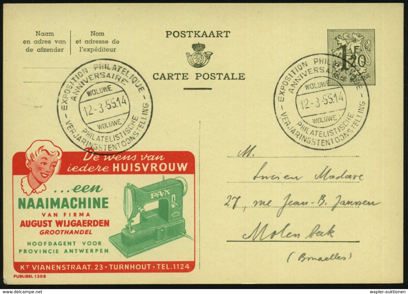 1955 BELGIEN, 1,20 F. Publibel-Ganzsache: ..een NAAIMACHINE:: Pax (Nähmaschine "Pax", Frauenkopf) Inl.-Karte (Mi.P 289 I - Other & Unclassified