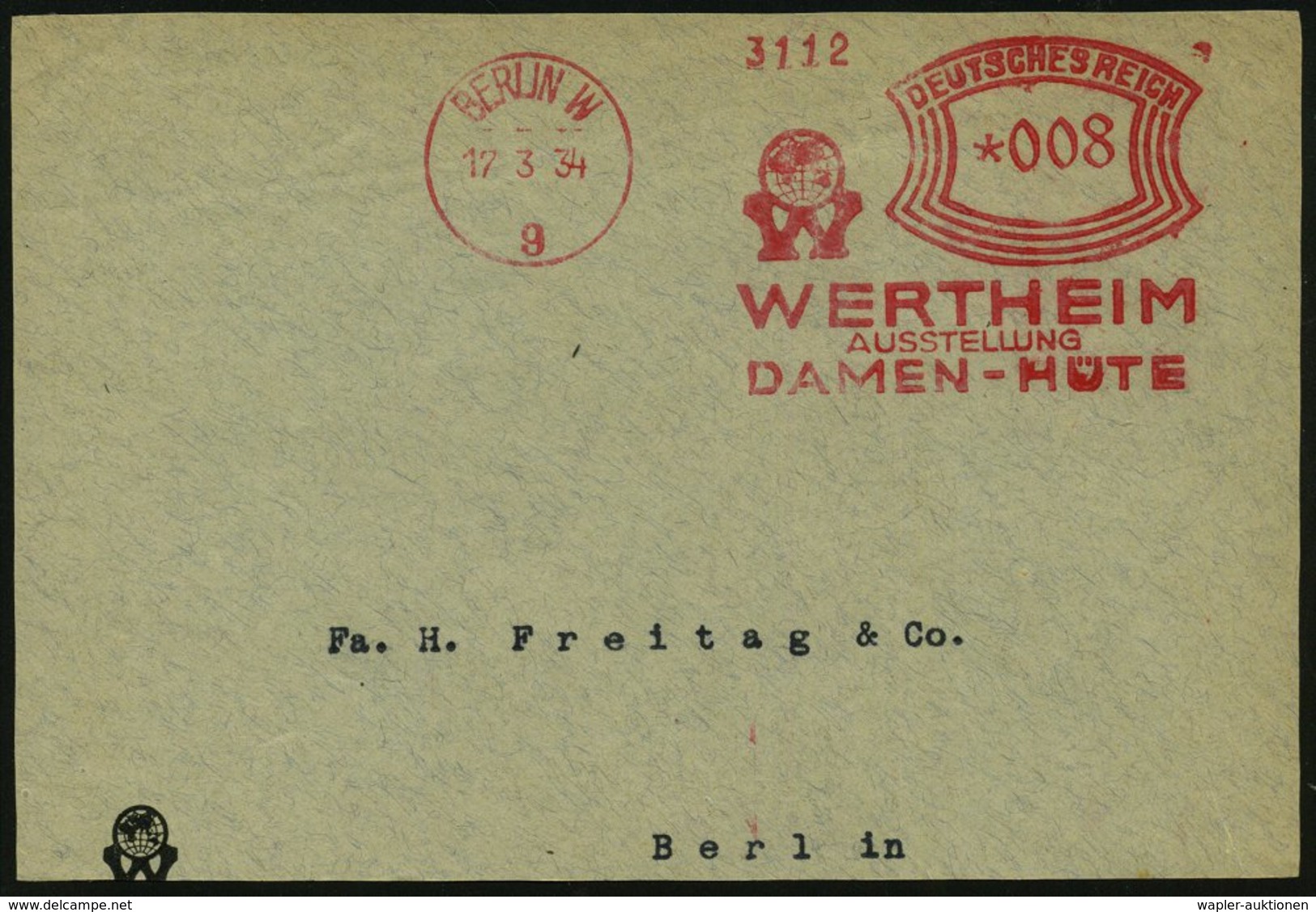 1934 (17.3.) BERLIN W 9, Seltener Saison-Absender-Freistempel: WERTHEIM, AUSSTELLUNG DAMEN-HÜTE, Teil-Vorderseite - Kopf - Other & Unclassified