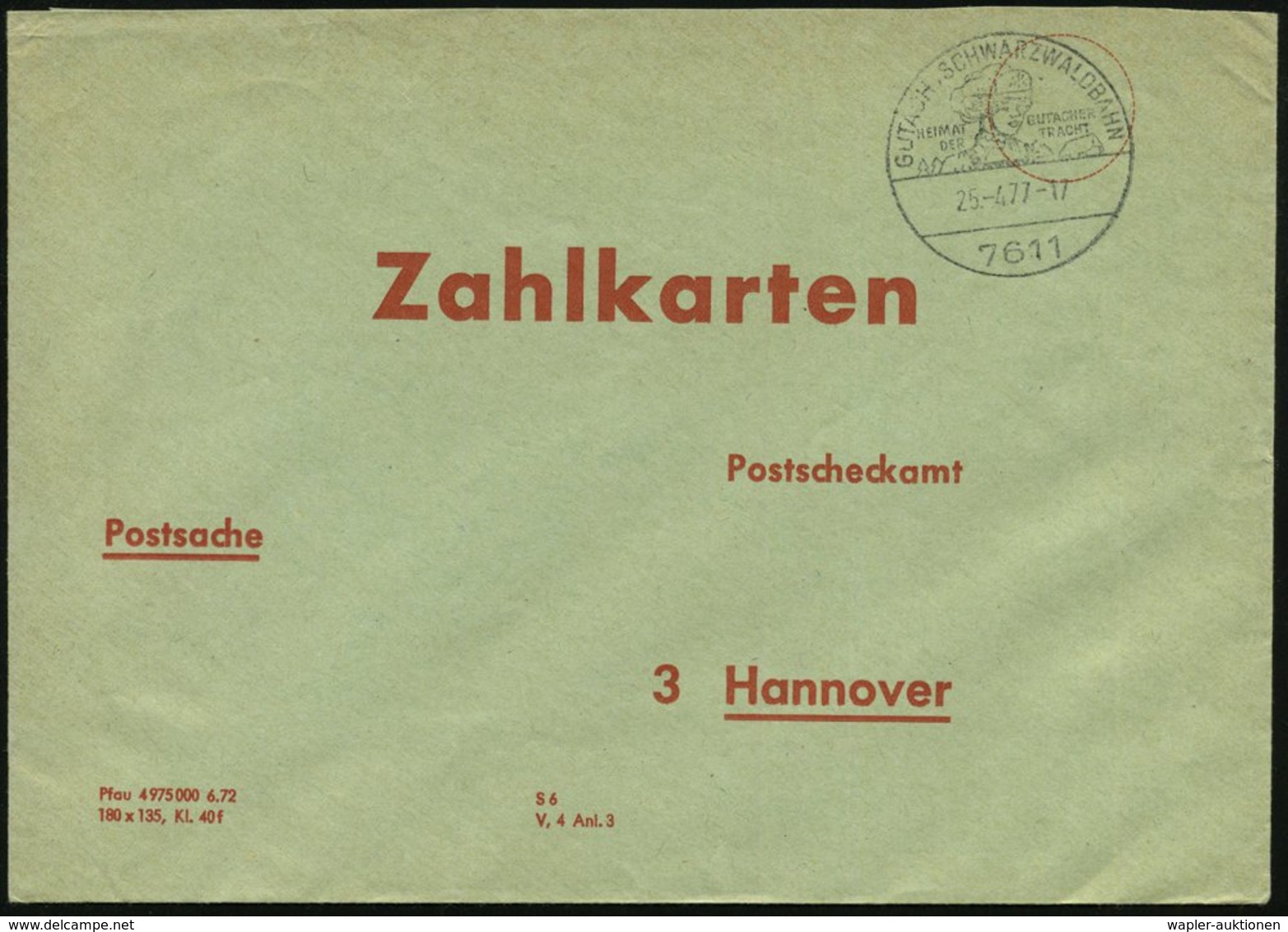 1977 (25.4.) 7611 Gutach, SCHWARZWALDBAHN, Hand-Werbestempel: HEIMAT DER GUTACHER TRACHT = Frauenjkopf Mit Trachtenhut A - Other & Unclassified