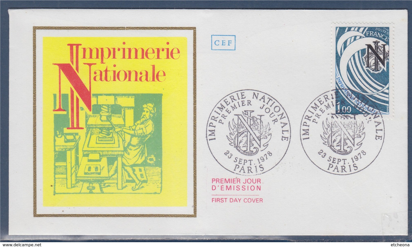 = Enveloppe 1er Jour 23 Septembre 1978 Imprimerie Nationale Paris 1f  N°2014  Presse Gutenberg à Main En Action - 1970-1979