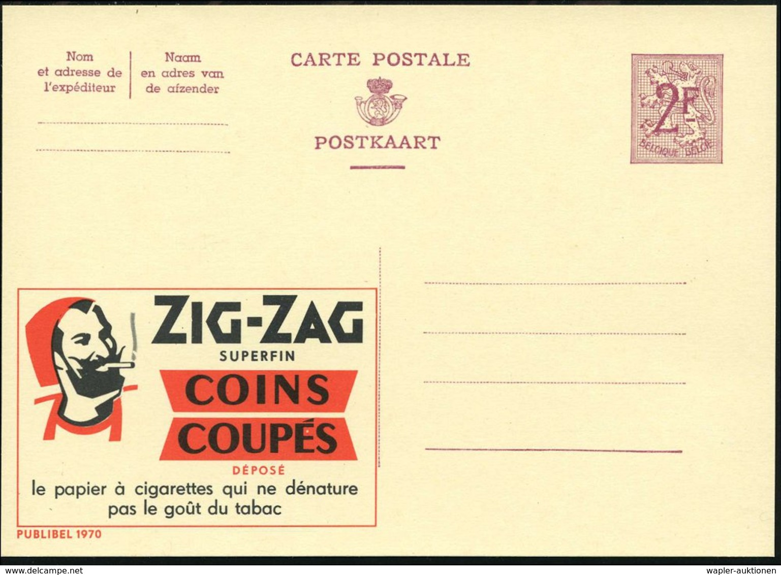 1959 BELGIEN, 2 F. Publibel-Ganzsache, Weinrot: ZIG-ZAG.. (Zigarettenpapier) = Zouave Mit Zouaven-Mütze (u. Zigarette) U - Other & Unclassified