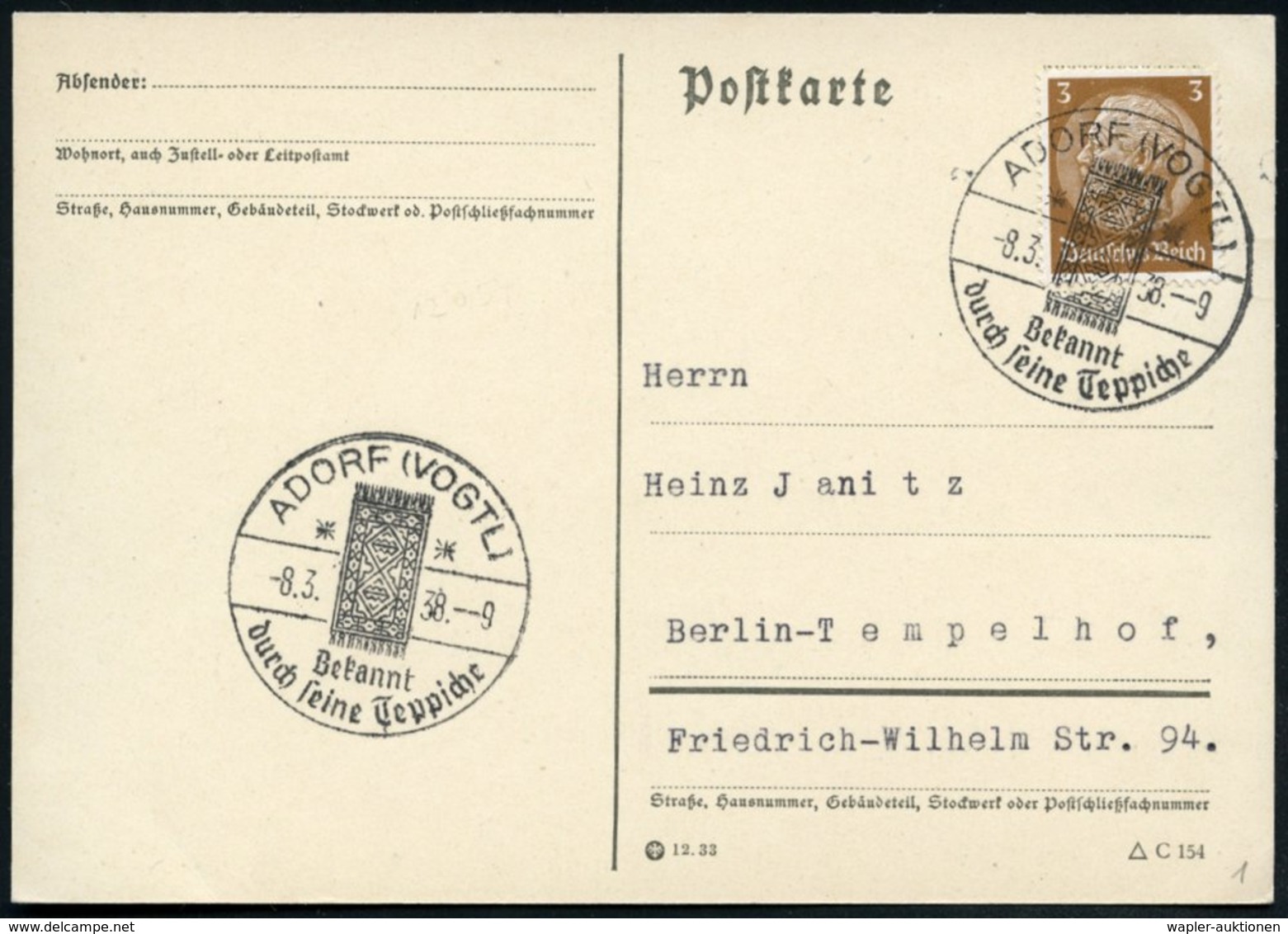 1938 ADORF (VOGTL), Hand-Werbestempel: Bekannt Durch Seine Teppiche (Teppich) Inl.-Karte (Bo.1, Erstjahr) - Teppich / Ca - Other & Unclassified