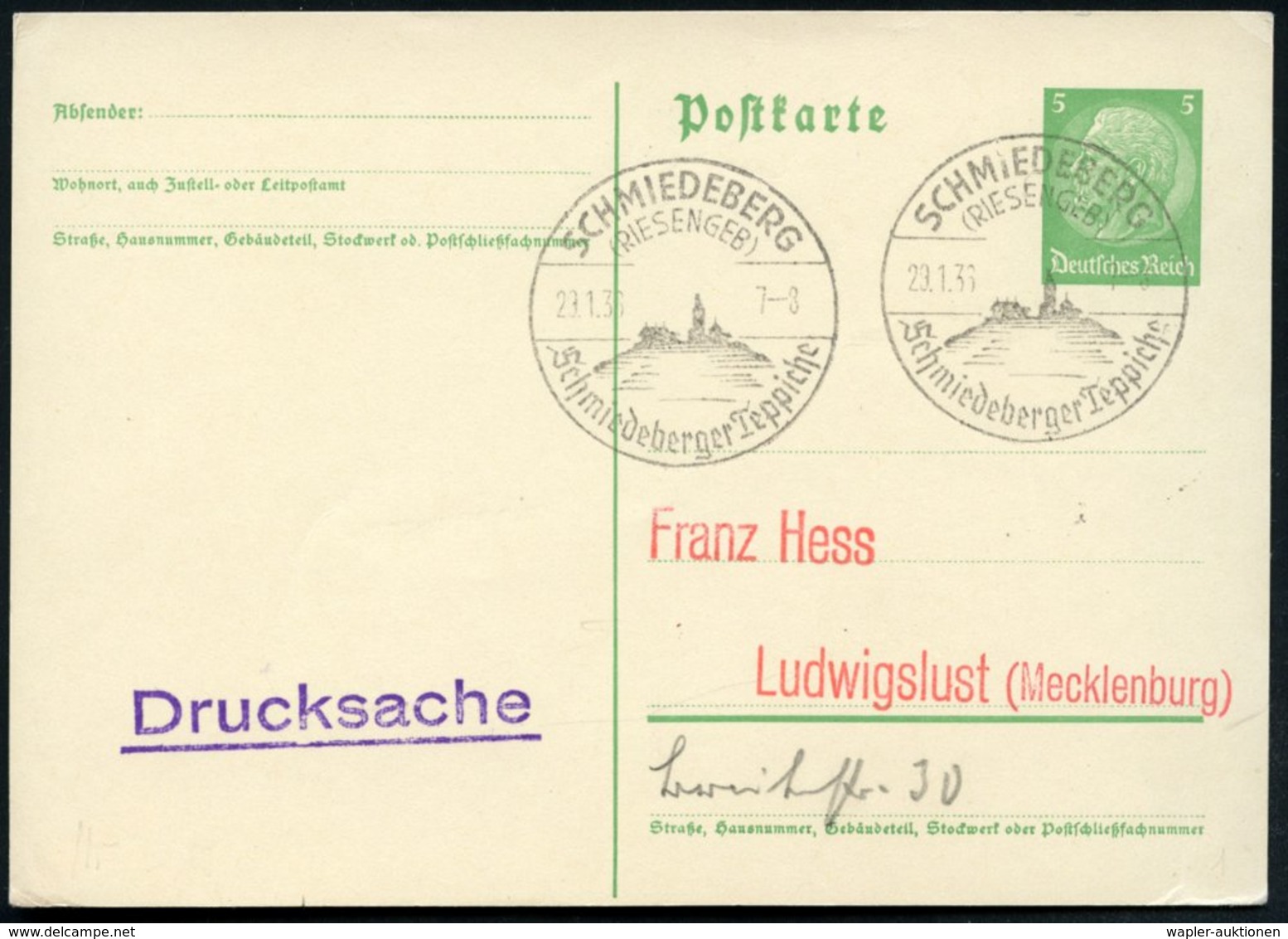 1936 (20.1.) SCHMIEDEBERG (RIESENGEB), Hand-Werbestempel: Schmiedeberger Teppiche (Berghaus Mit Turm) Inl.-Karte (Bo.1,  - Other & Unclassified