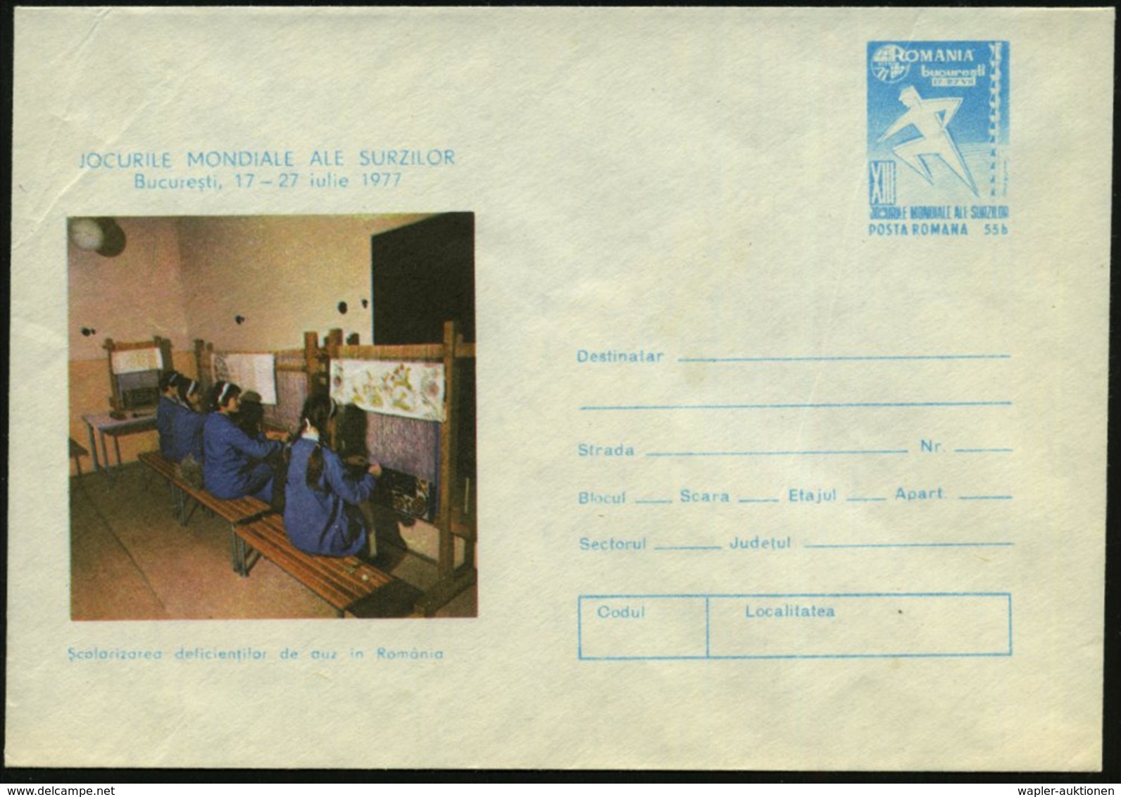 1977 RUMÄNIEN, 55 B. Sonder-Ganzsachen-Umschlag "Weltjahr Der Gehörlosen" (XIII. Kongreß Bukarest): Schule Für Gehörlose - Other & Unclassified