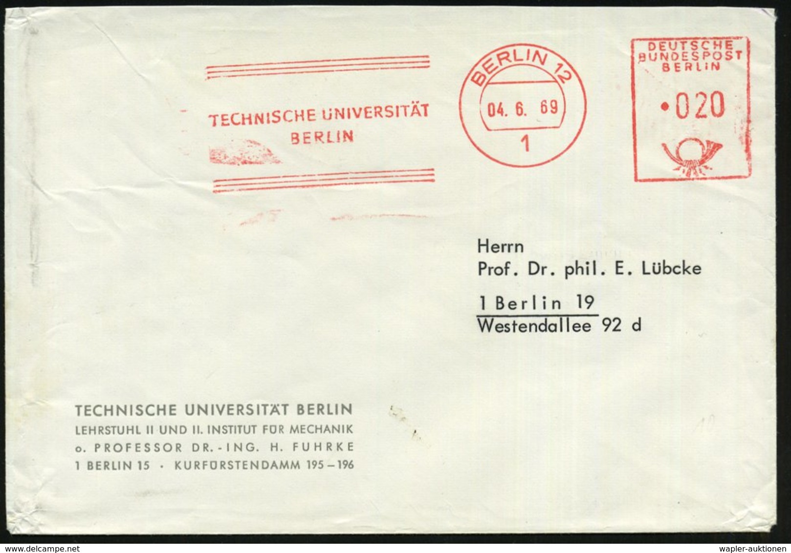 1969 (4.6.) 1 BERLIN 12, Absender-Freistempel: Technische Universität Berlin, Abs.-Vordruck: ..INSTITUT FÜR MECHANIK...  - Other & Unclassified