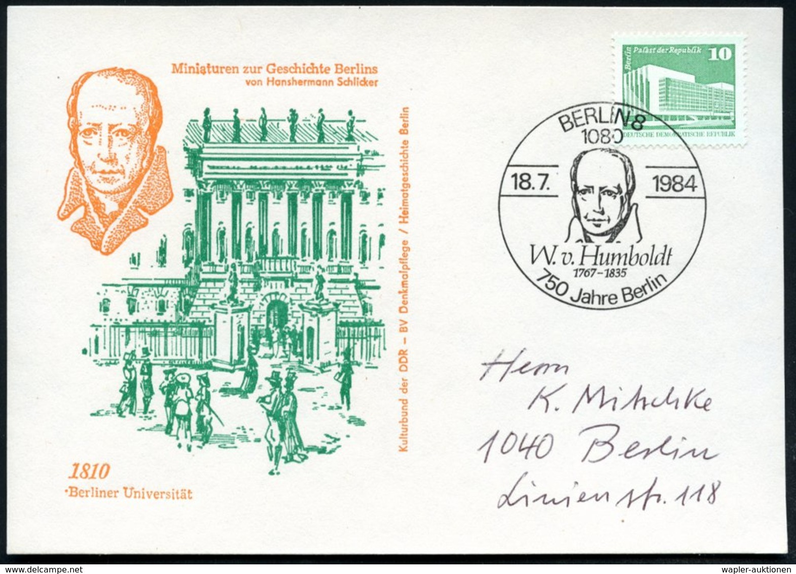 1984 (18.7.) 1080 BERLIN 8, Maschinen-Sonderstempel: W. V. Humboldt.. 750 Jahre Berlin (Kopfbild Wilhelm V. Humboldt) Au - Other & Unclassified